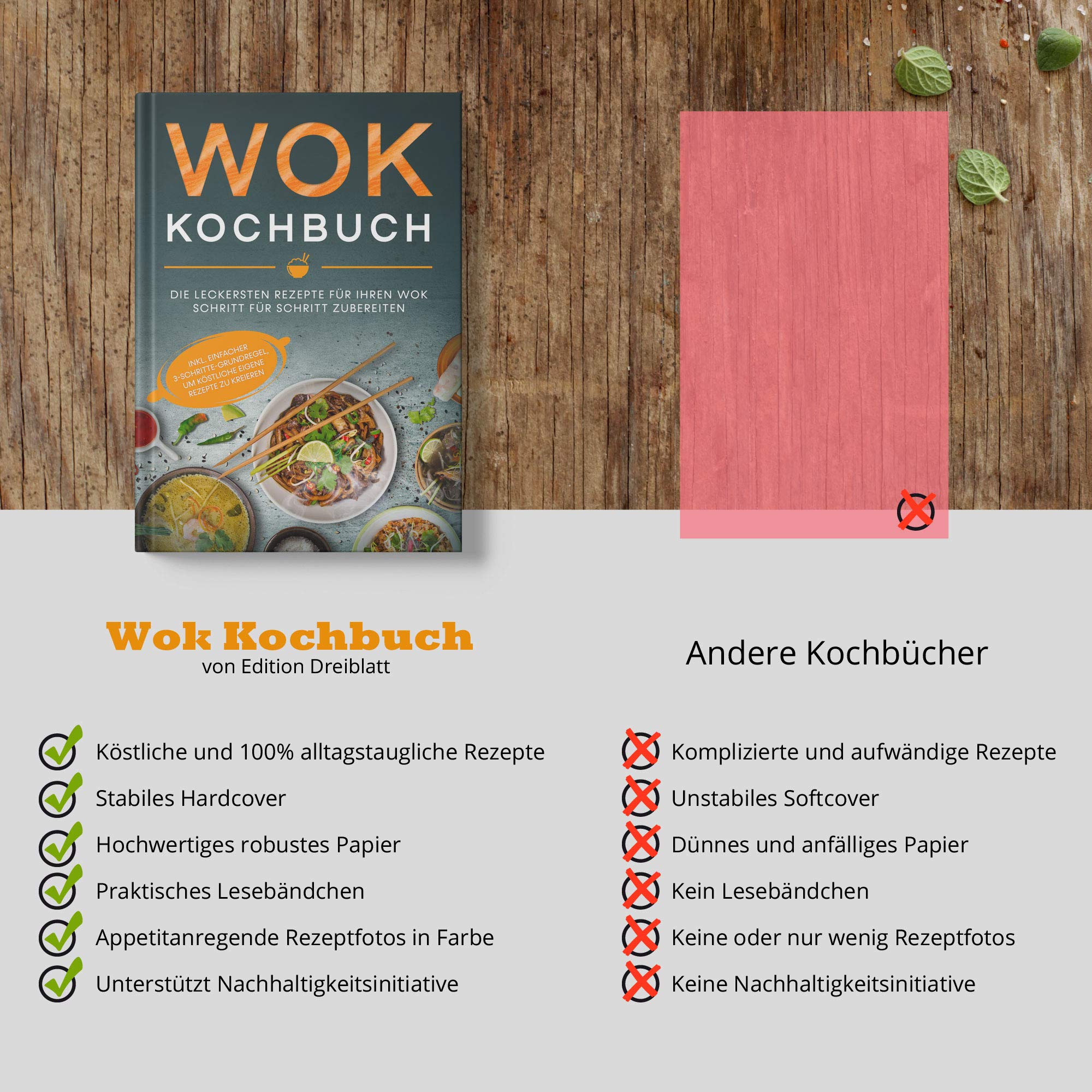 Edition Dreiblatt Kochbücher Wok Kochbuch: Die leckersten Rezepte für Ihren Wok Schritt für Schritt zubereiten | Gebundene Ausgabe mit Lesebändchen