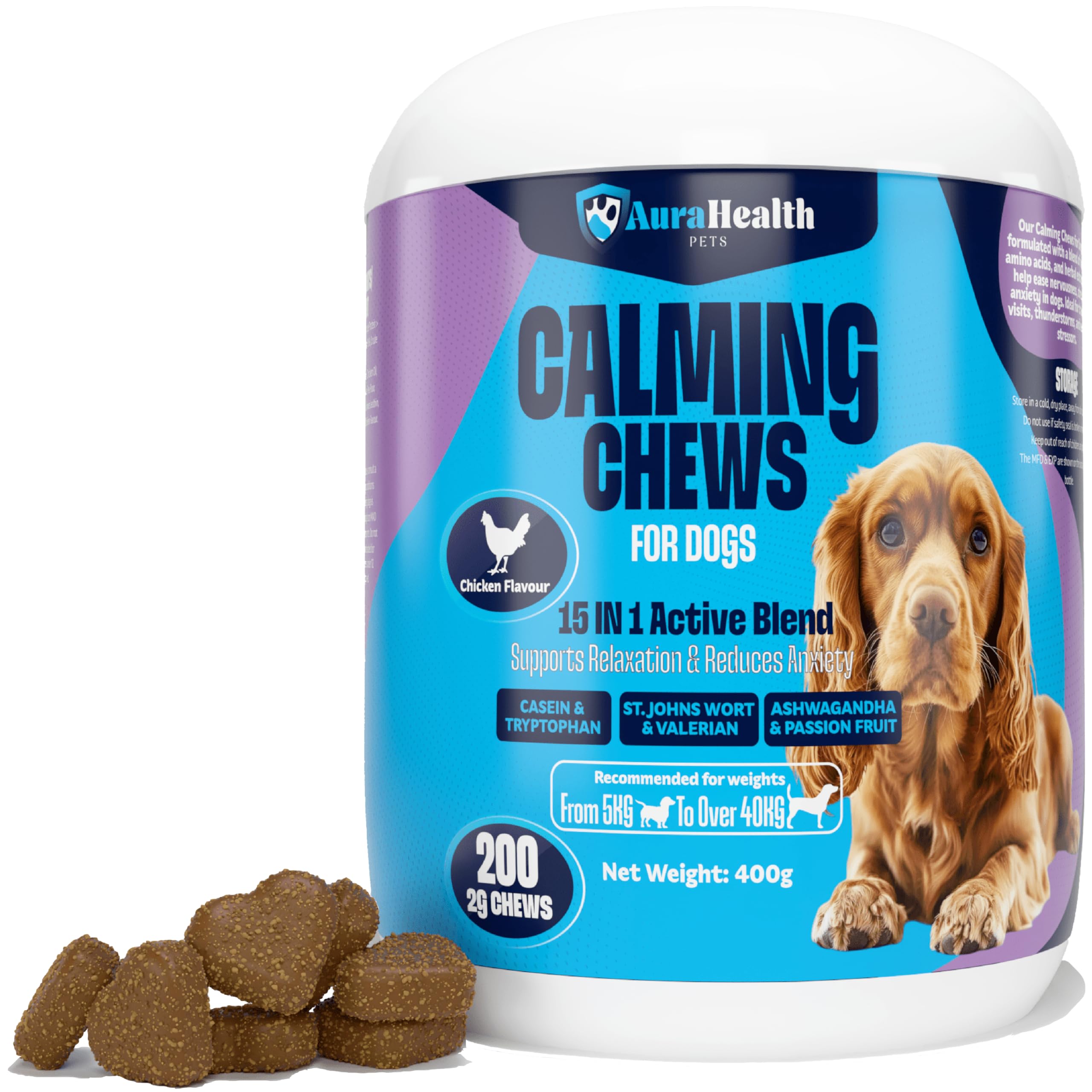 Aurahealth Calming 200 Chews up to 4-month supply for Small to Medium Dogs. 15-in-1 Reduce Stress, Fear, Separation, Barking