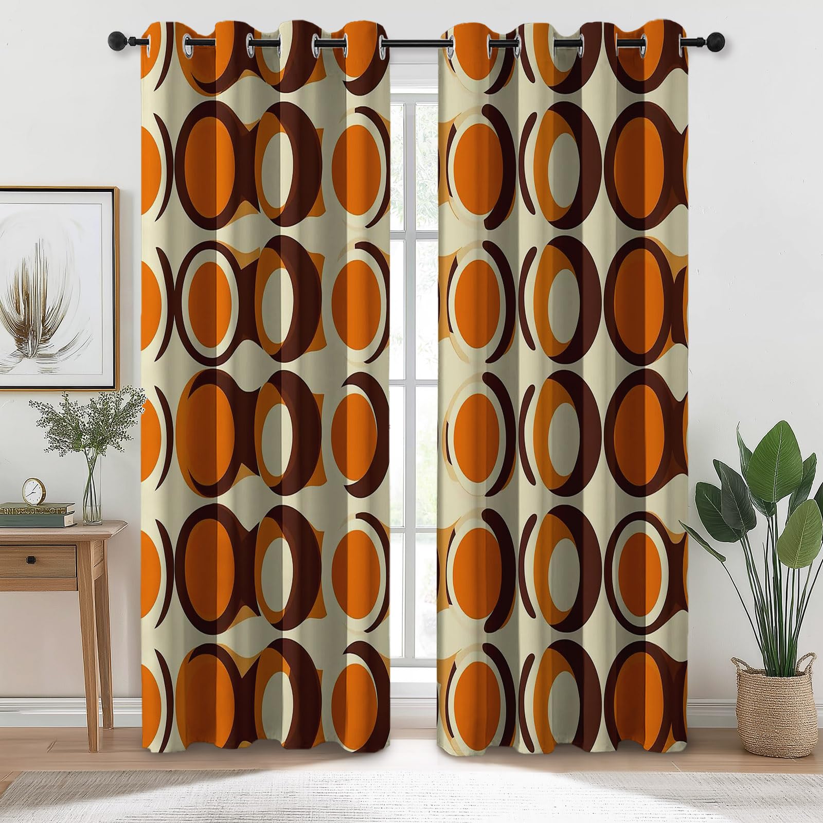 Rideau Occultant Bulles Vintage Imprimés Lot de Thermique Isolant Tenture Opaque à Oeillets Draperies Intérieurs pour Maison Chambre Salon Fenetre 140L X 260H cm (2 Panneaux), Orange Marron