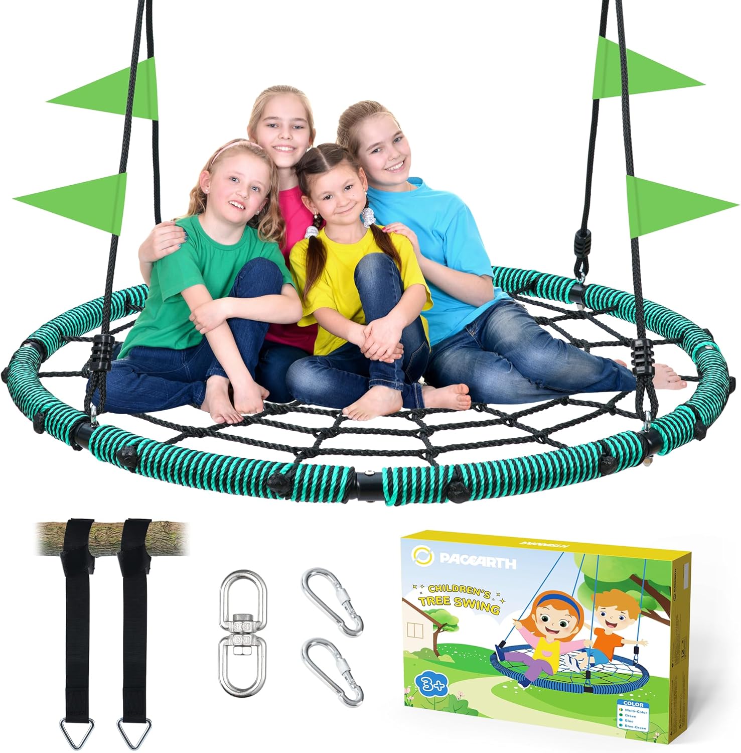 PACEARTH 60” Spider Web Saucer Swing for Kids & Adults Max 900LBS Heavy Duty Net Swing with Rustproof Hardware 3X Durable, Tree Straps and Swivel Included for Trees, and Structures, Green PACEARTH 60” Spider Web Saucer Swing for Kids & Adults Max 900LBS Heavy Duty Net Swing with Rustproof Hardware 3X Durable, Tree Straps and Swivel Included for Trees, and Structures, Green