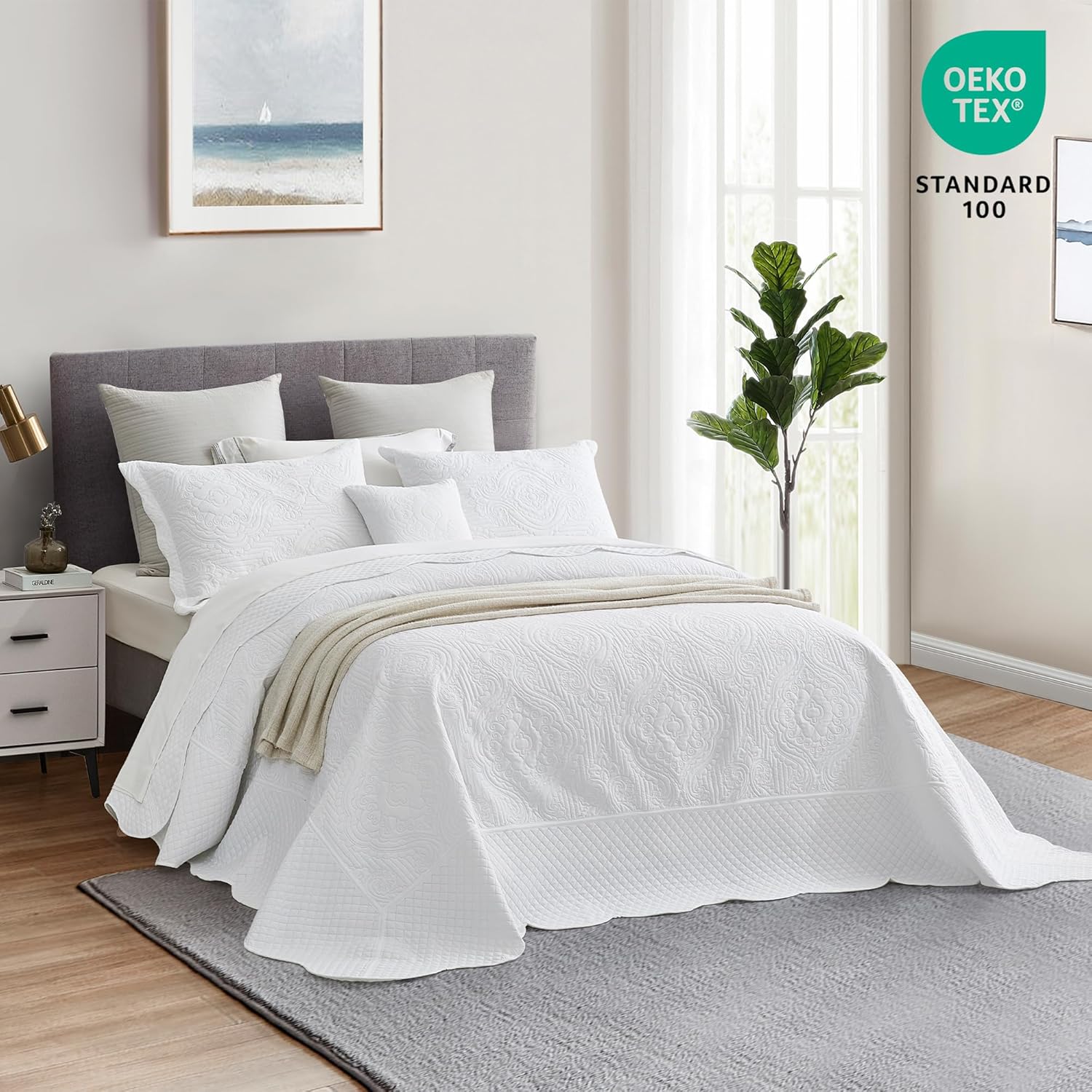 HZ & HY Oversized King Bedspread 128x120 Extra Wide, Ultrasonic Coverlet Bedding Set, Lightweight Thin Comforter, Reversible, 5 Piece, 100% Microfiber, White - Image 2