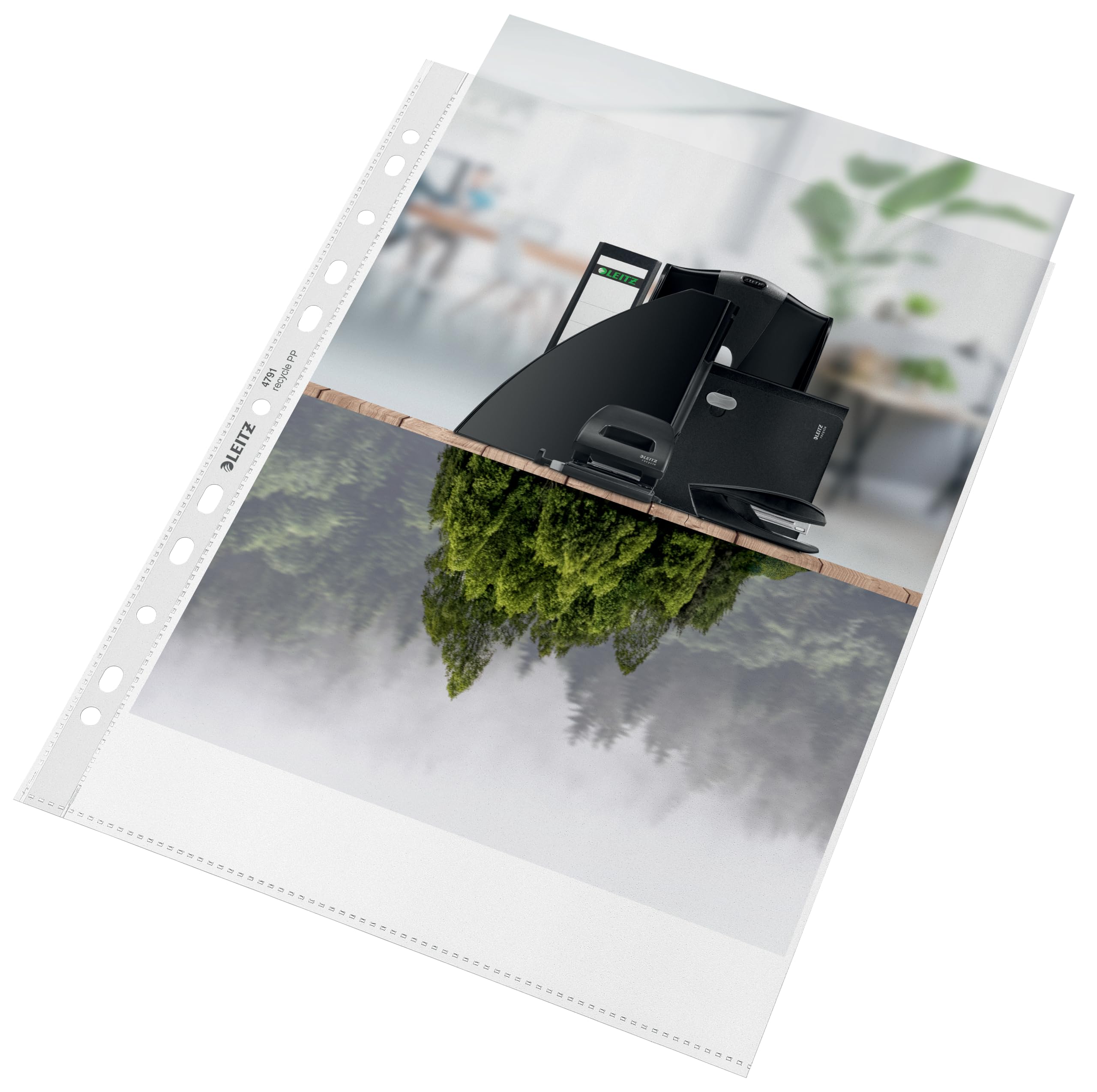 Leitz A4 Prospekthüllen, 100 Stück, Universallochung , Matte Oberfläche, 100 Mikron Folienstärke, 100% recyclebar, Umweltfreundlich, Recycle-Serie, Farblos, 47910003
