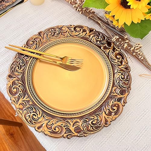 Miniatura 3 de Platos de carga dorados antiguos, cargadores de platos de cena de 13 pulgadas, utensilios redondos para servidor. Juego de 6 cargadores de plástico