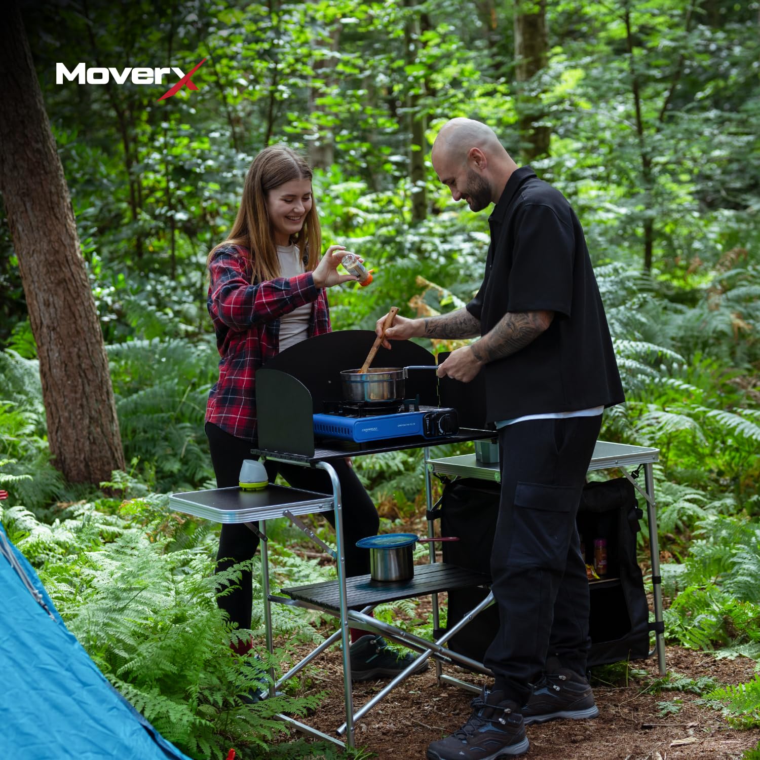 MoverX Cocina plegable portátil de camping con parabrisas, unidad de camping plegable emergente, gabinete al aire libre, marco de aluminio de 5 estantes, portátil para jardín, fiesta, picnic, soporta