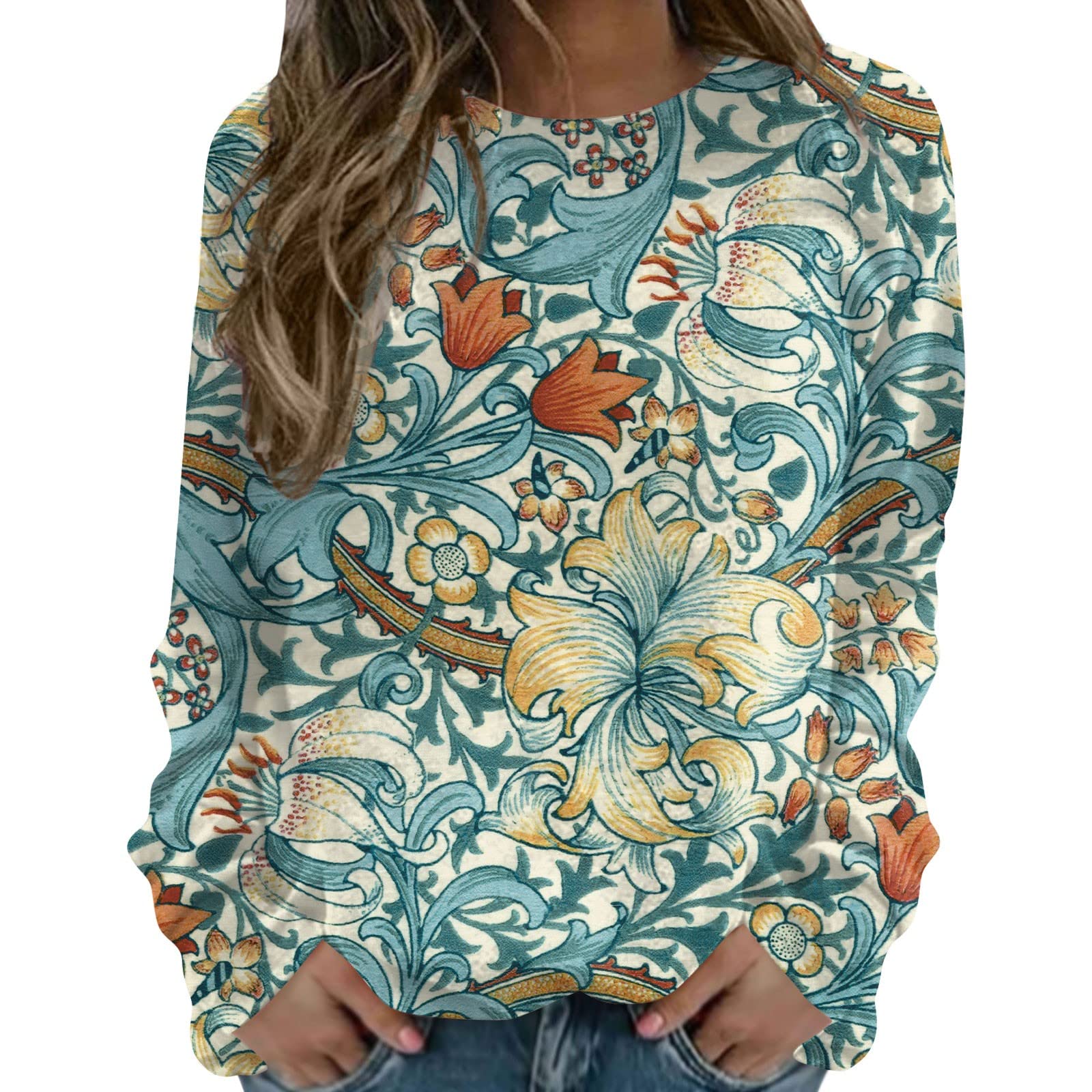 YUTANRALLong Sleeve Shirts For Women Elegant Floral Pattern Crewneck Sweatshirts Pullover Womens Casual Fashion Fit Comfy Plus Size Tops Blouses Y2k Clothing Graphic Hoodies(E Cyan,Large)