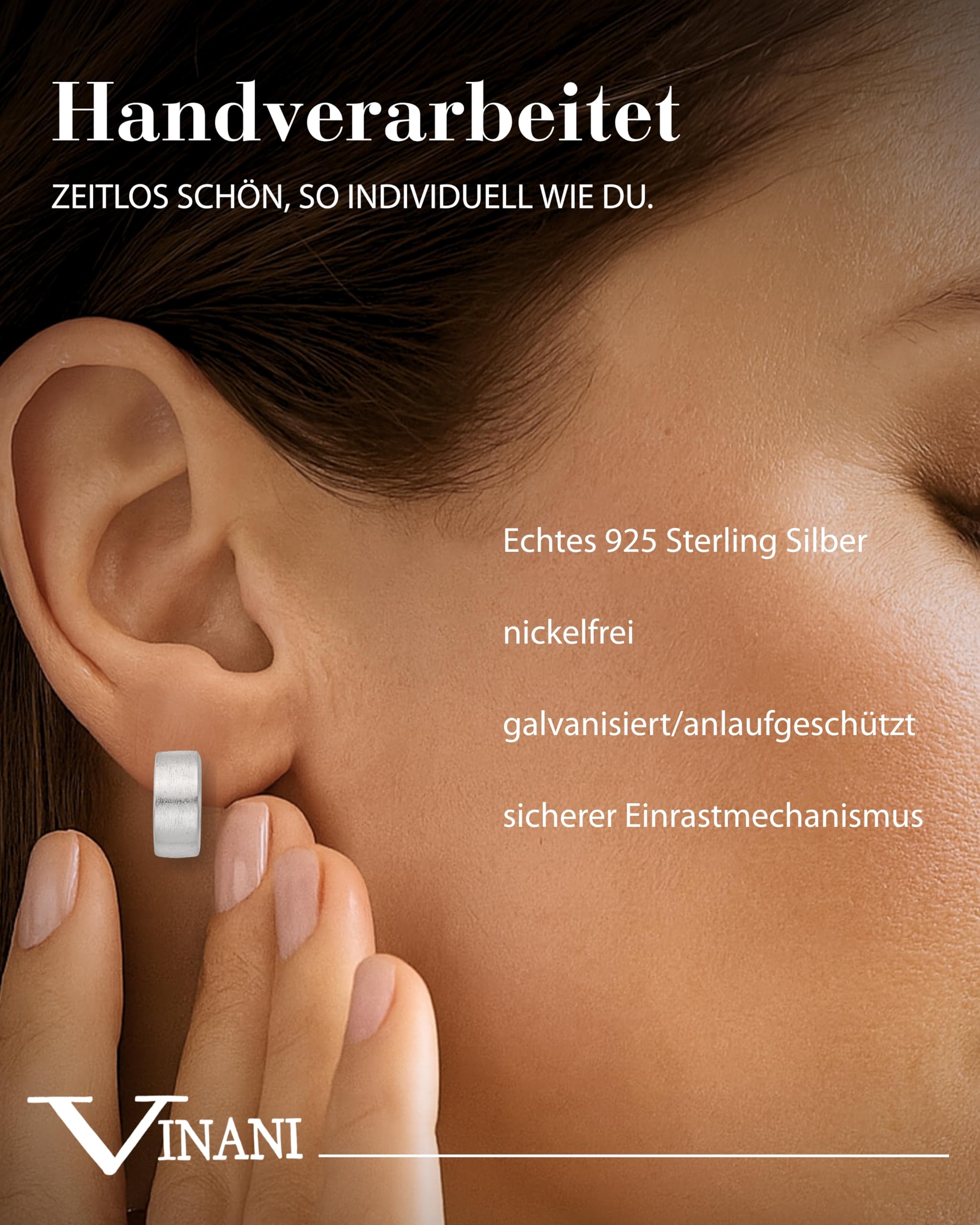 Vinani Damen Ohrringe 925 Silber - Klapp Creolen Ohrring Set für Frauen aus 925 Sterling Silber breit rund mattiert CRR