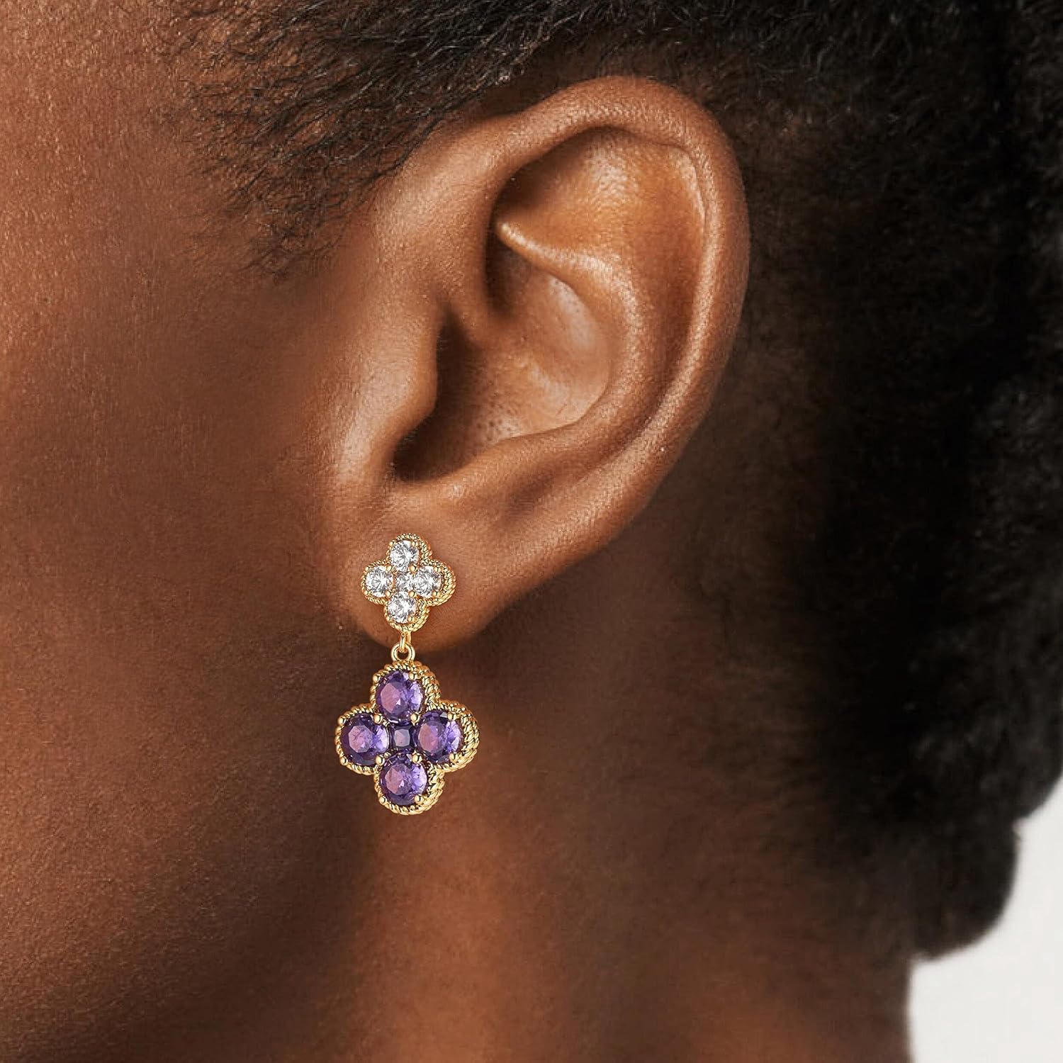 14K Gold Plated Double Plum Blossom Dangle Birthstone Four Leaf Clover Stud Earrings for Women, Hypoallergenic Drop Trendy Dainty Gold Earrings Birthday Gifts - Image 2