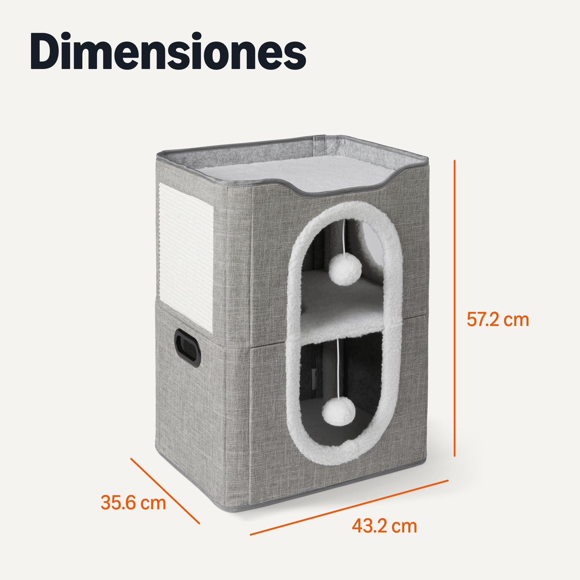Amazon Basics Casa para Gatos de 2 Pisos para Gatos de Interior, Cueva Cubierta para Gatos con Rascador y Bola Esponjosa, Casas Plegables en Forma de Cubo para Gatos, 43,2 x 35,6 x 57,2 cm, Gris