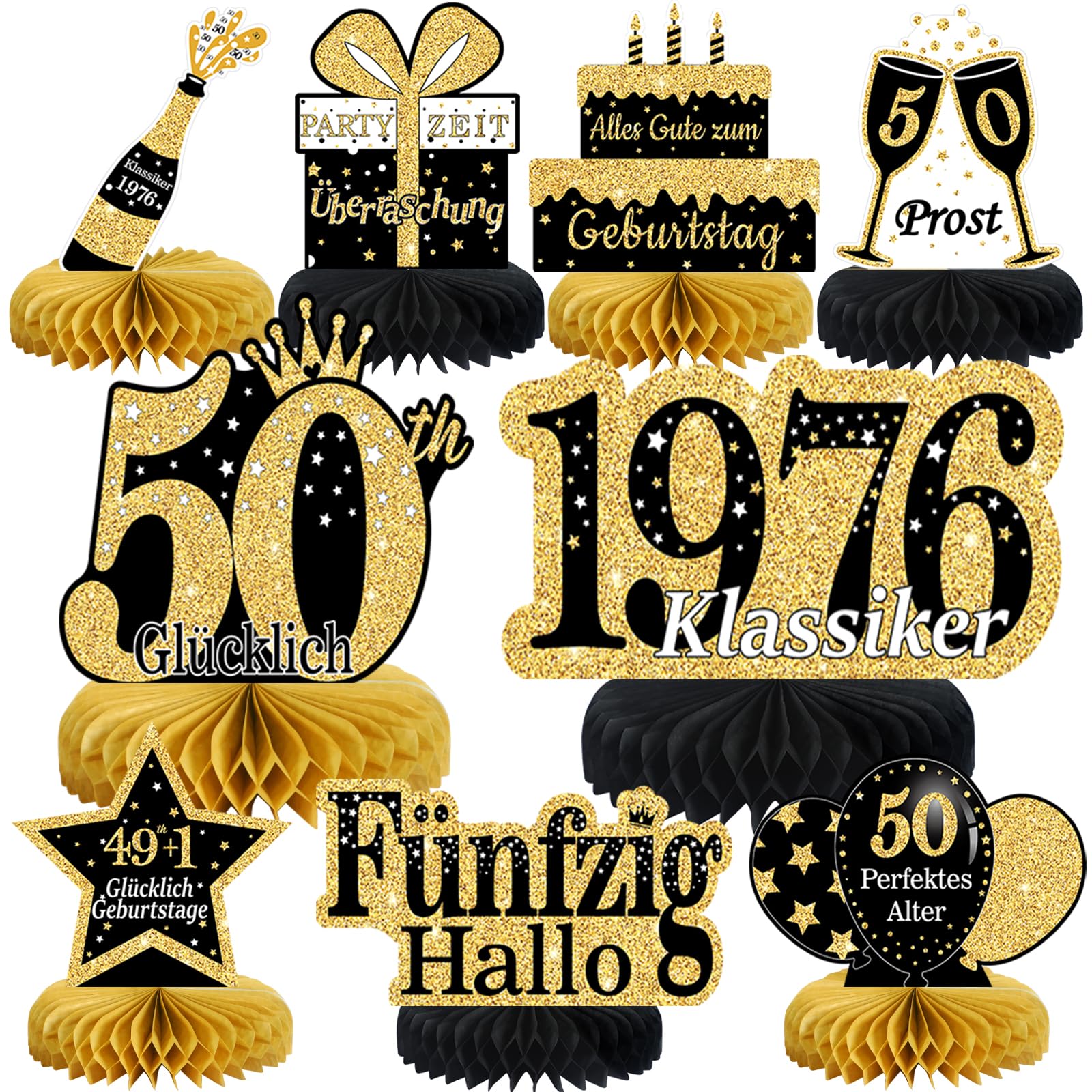 Voxisroma 50. Geburtstag Männer 9 STK Schwarze Goldene Bienenwabe Mittelstück Tischdeko Geburtstag,50 Deko,50 Party Deko Für Frauen,Mann,Geschenke （Deutsche）