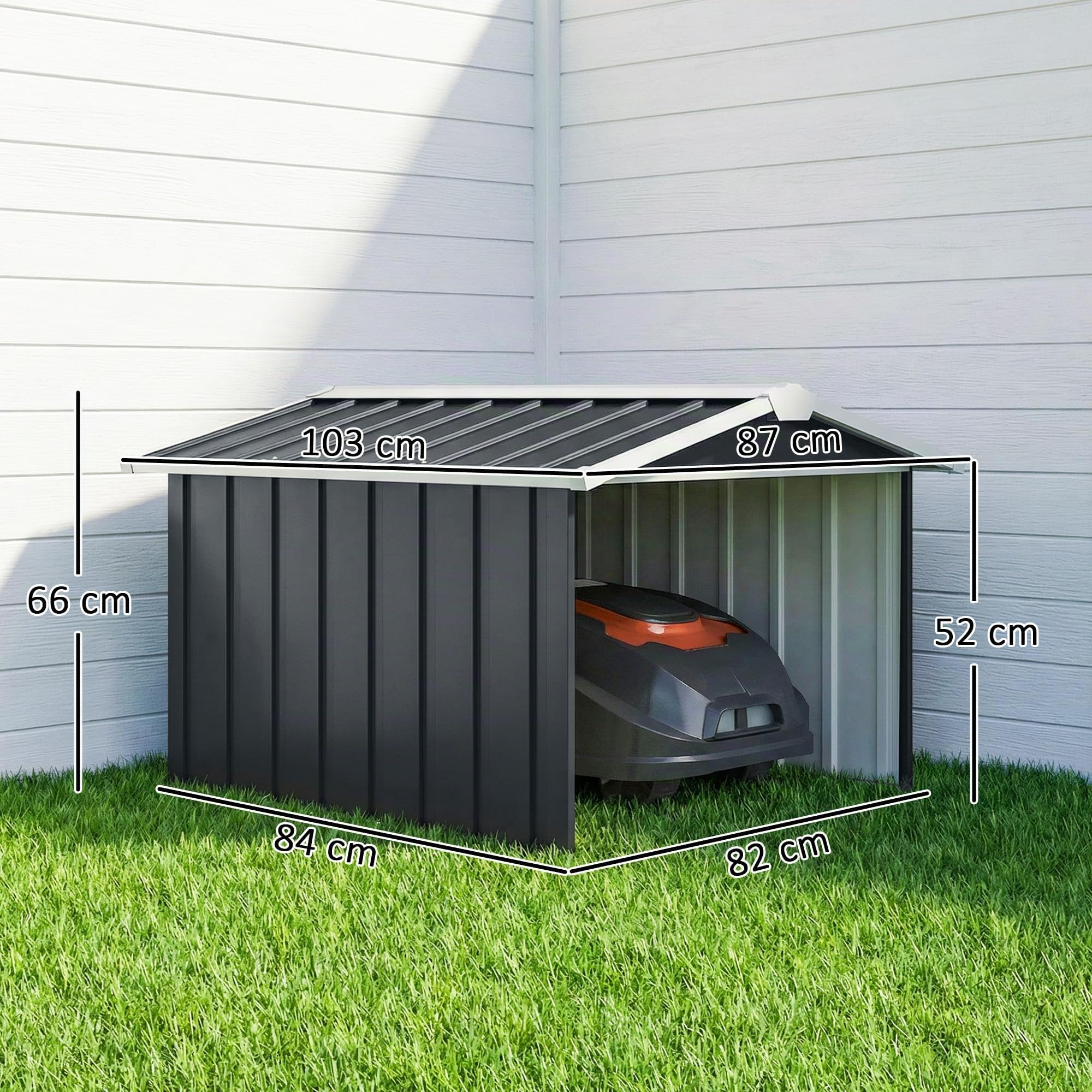 Outsunny Garaje para Robot Cortacésped para Jardín 87x103x66cm Gris Oscuro | de Acero Galvanizado, Techo Dos Aguas, Caseta para Robot Cortacésped, Exterior, Césped