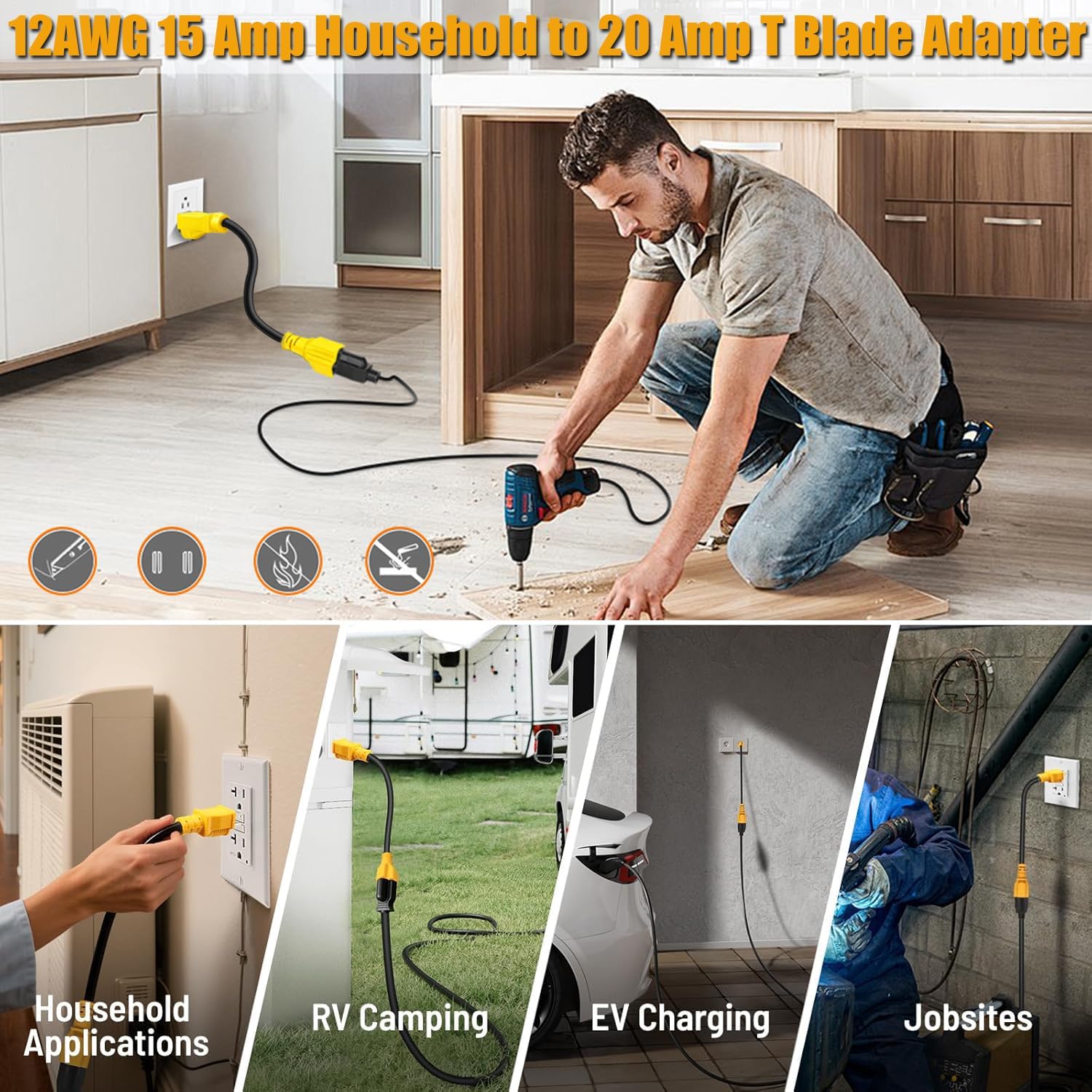 [4-in-1] 12AWG 15 Amp Household to 20 Amp T Blade Adapter Cable, NEMA 5-15P to 5-15R/ 5-20R/ 6-15R/ 6-20R, Heavy Duty Extender AC Plug Adapter Cord, 15A 125V to 20A 250V Power Extension Cable, 1FT