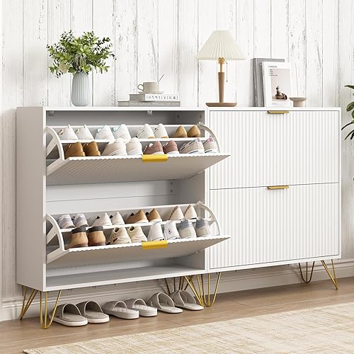 Vista 27 de Armario de zapatos con 3 cajones abatibles, armario de zapatos de mediados de siglo para entrada, gabinete de almacenamiento delgado y oculto