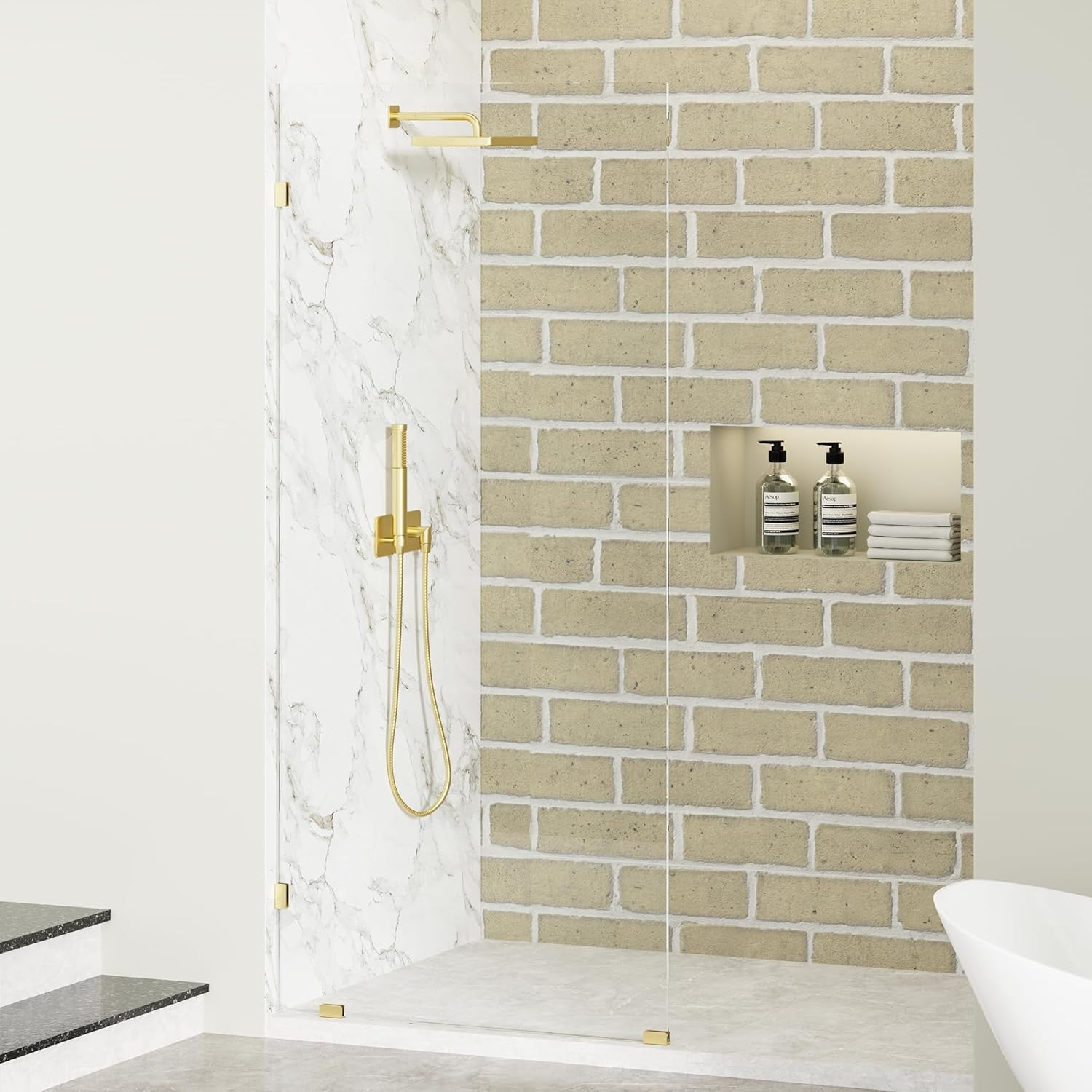Findepot Frameless Fixed Shower Screen 34" W × 74" H, Shower Glass Panel, 5/16"(8mm) SGCC Clear Tempered Glass Shower Door,Brushed Gold