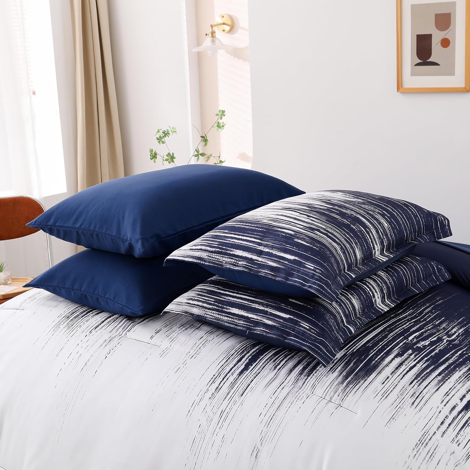 Dinjoy Ombre Blue Comforter Set Queen Size Gradient Navy Blue White Boho Bedding Set for Teen Men Women 7 Pieces Bed in A Bag Bohemian Bed Set with Comforter, Sheets, Pillowcases & Shams - Image 6