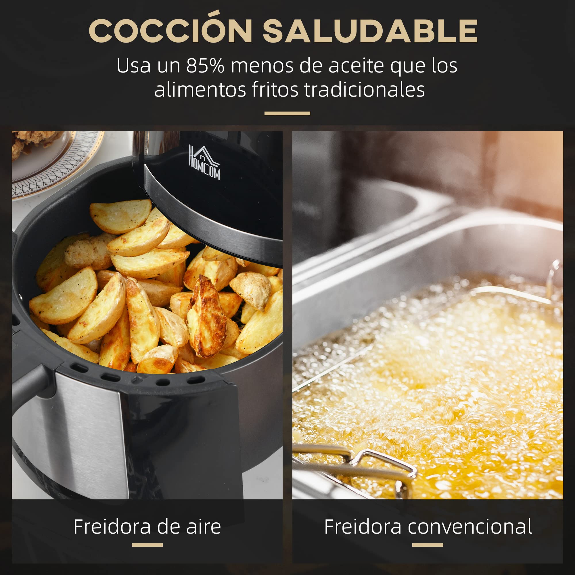 HOMCOM Freidora sin Aceite 4L Freidora de Aire Caliente 1300W con 12 Programas Pantalla LED Táctil Temperatura Ajustable Temporizador y Cesta Antiadherente Negro
