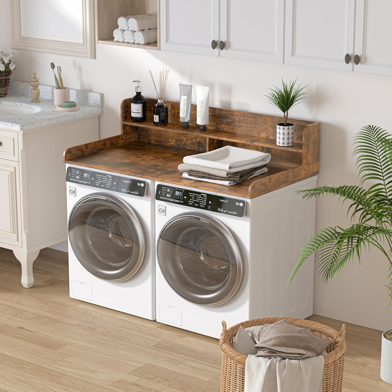 Piskyet Washer Dryer Countertop,2- Tier Laundry Countertop with Edge Rails,27.5" Depth x 54" Wood Countertop,Laundry Machine Topper for Laundry Room Organization and Storage(Rustic Brown)