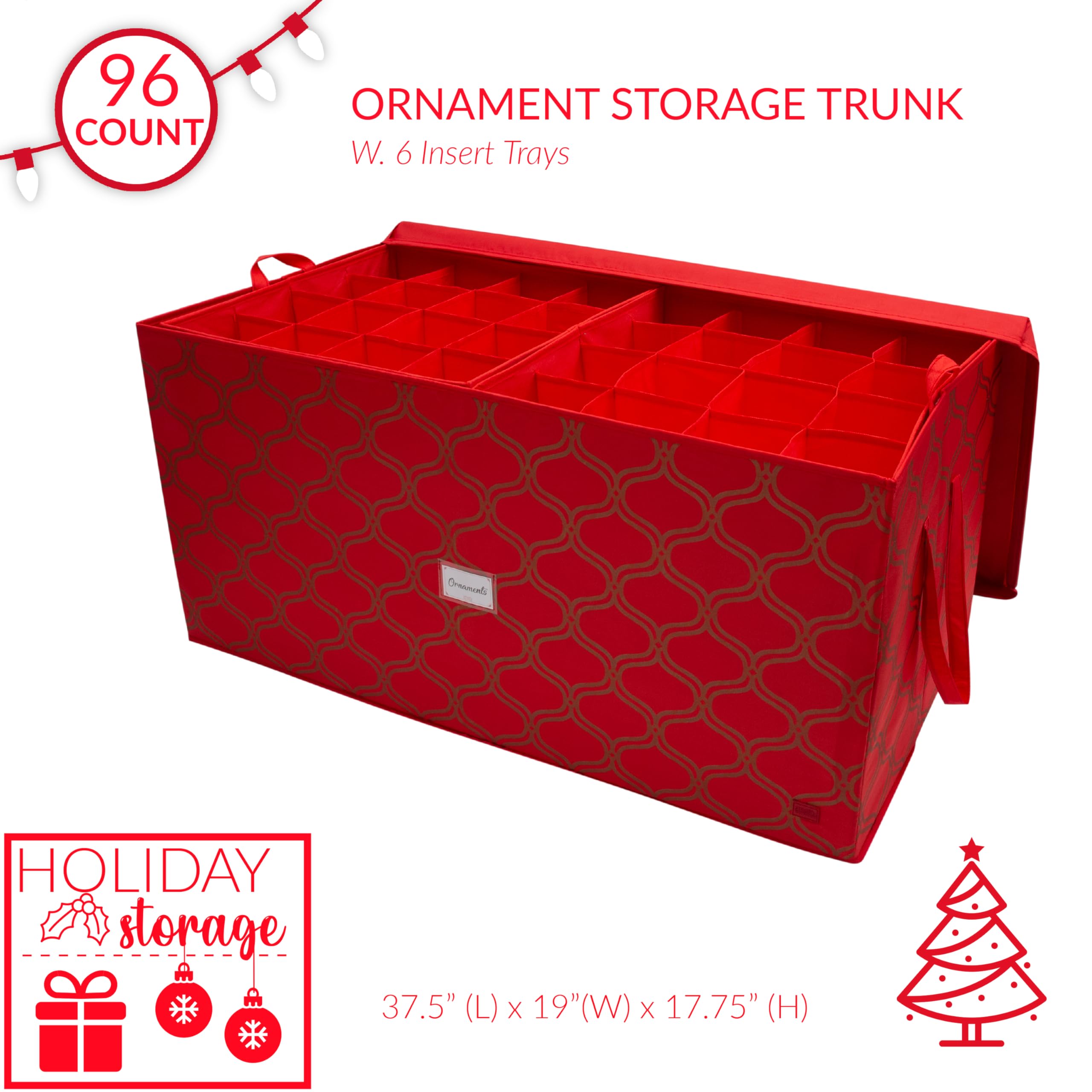 Simplify 96 Ornament-Aufbewahrungsbox | Maße: 95,2 x 48,3 x 45,1 cm | für 96 Ornamente | stapelbar | leicht zu tragende Griffe | rot | Weihnachtsaufbewahrung