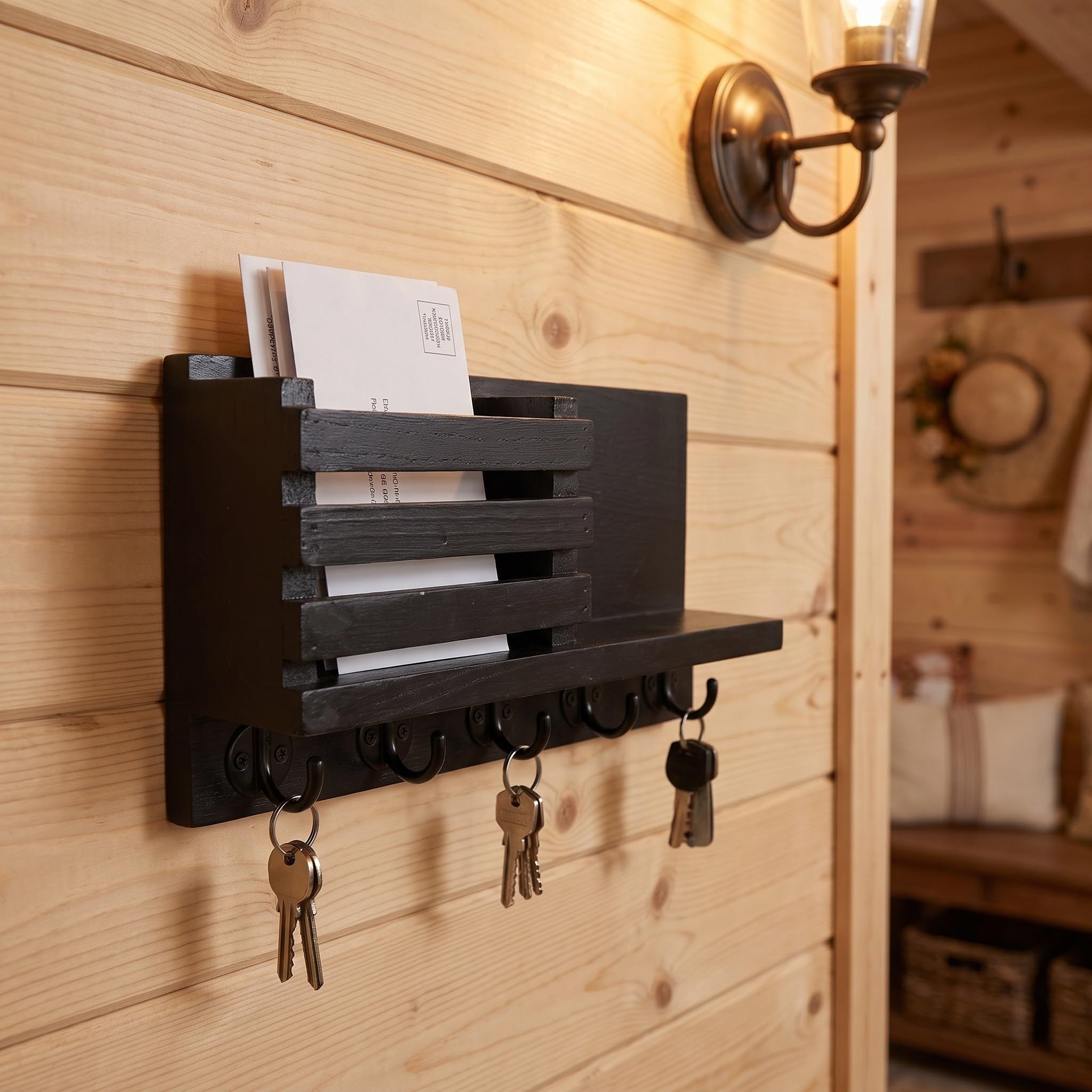 Veemoon Schlüsselhakenleiste aus Holz, Wandbriefablage mit Haken für Flur