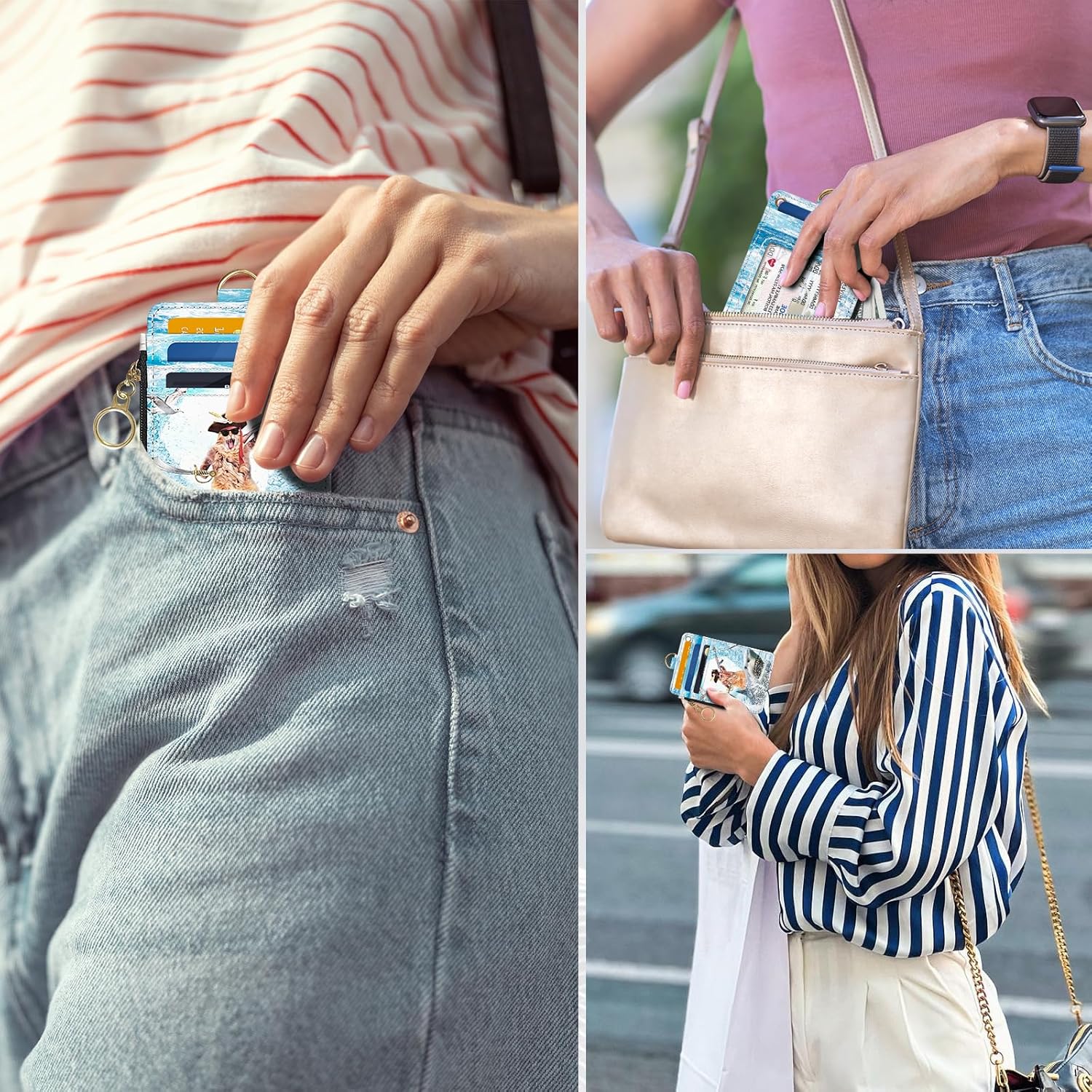 Slim Wallet Credit Card Holder, Sharks and Cats, RFID Wallet Women Cute Small Front Pocket Wallet With Zipper, PU Leather Thin travel RFID Blocking Card Case ID Window,Ladies Gifts - Image 5