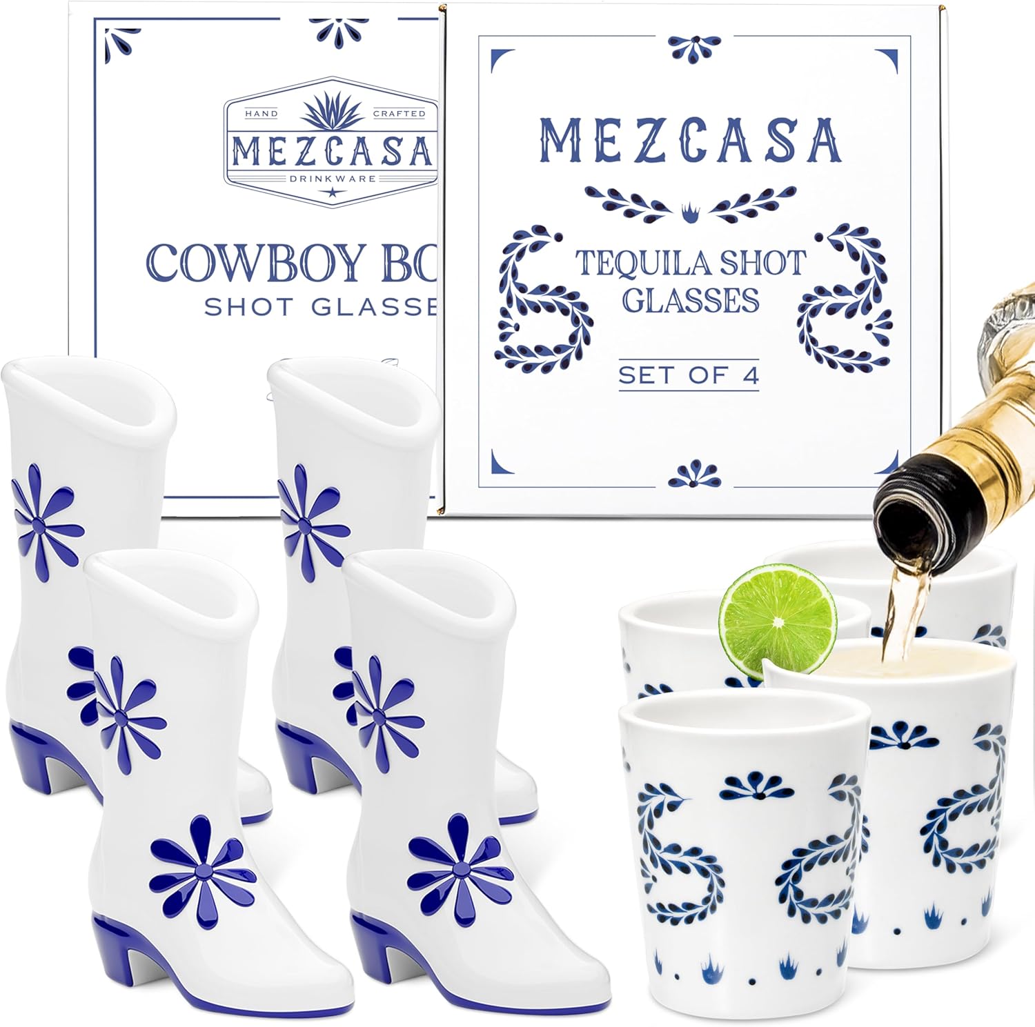 Blue & White Ceramic Shot Glasses Bundle — Azul Floral & Cowboy Boot Blue 2 oz Tequila Glasses (Set of 8)