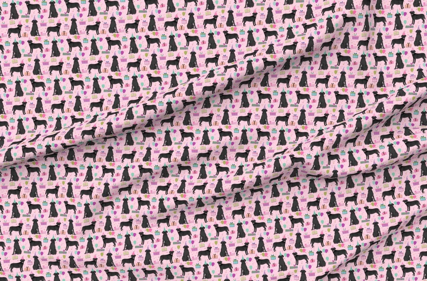 Spoonflower Fabric - Black Lab Birthday Party Dog Breed Labrador Retriever Pink Dogs Printed on Organic Cotton Sateen Fabric by The Yard - Sewing Quilting Apparel Home Decor