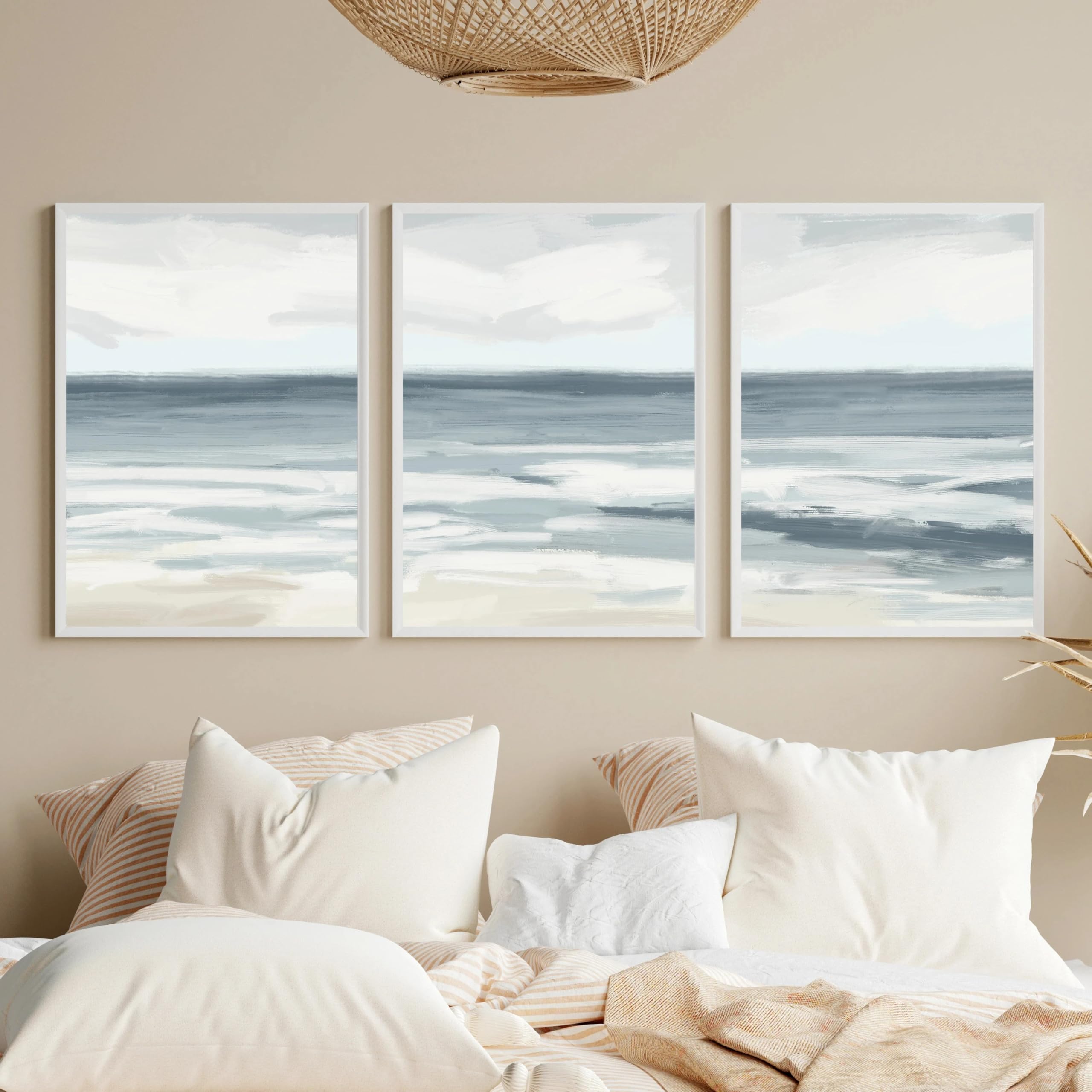 GOSRD Neutral Blue Ocean Canvas Wall Art Soft Abstract Beach Seascape Prints, Minimalist Coastal Living Room Bedroom Home Decor(60x85cm-3Pcs)