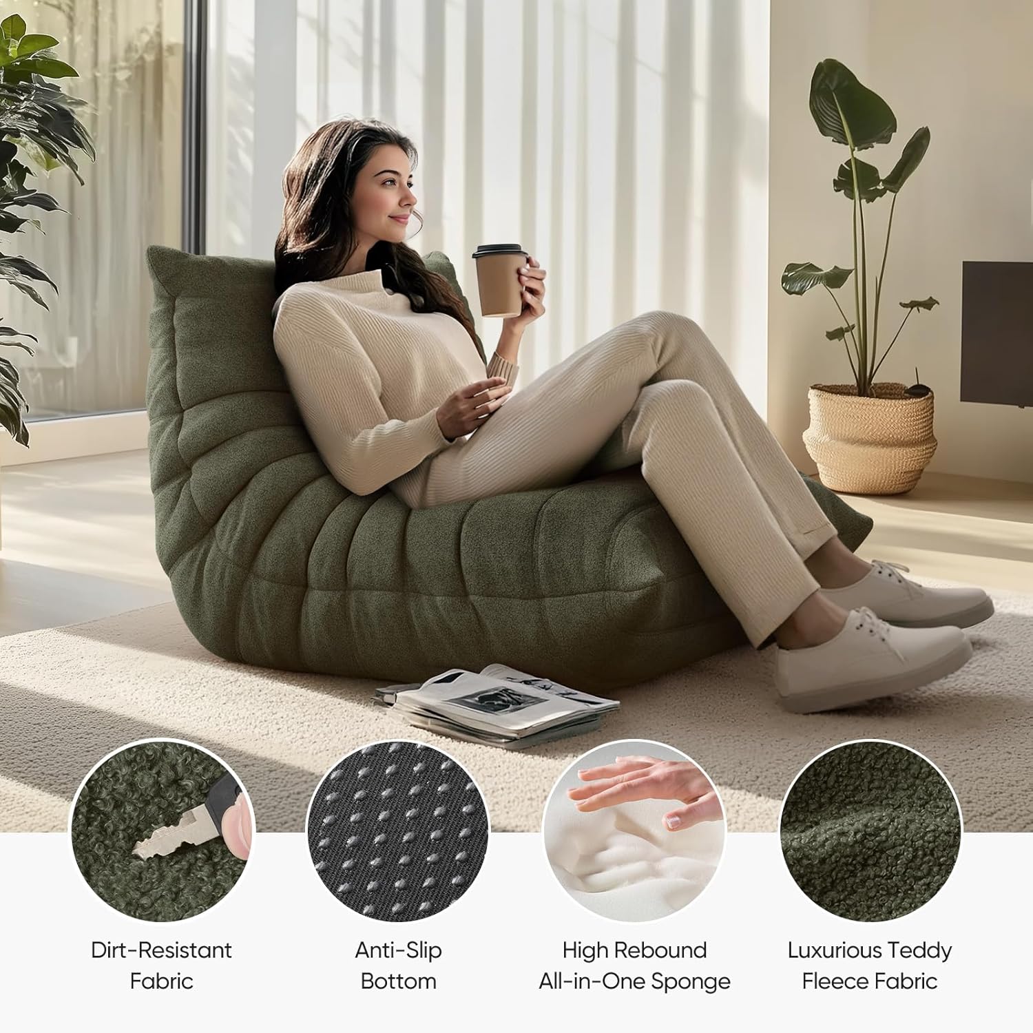 Bean Bag Chair for Adults, Fireside Togo Chair, BeanBag Chairs for Teens with High-Resilience Memory Foam, Non-Slip Base Compression Floor Lounge Sofa for Living Room, Bedroom