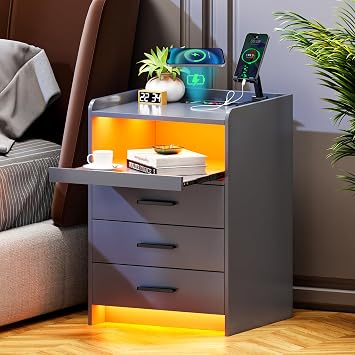 Lvifur Led Nachttisch mit Ladefunktion,Smart Nachtschrank mit 24 Farben Dimmbar, Sideboard mit 3 Schubladen USB Type-C Automatischer Sensor Schlafzimmer Grau