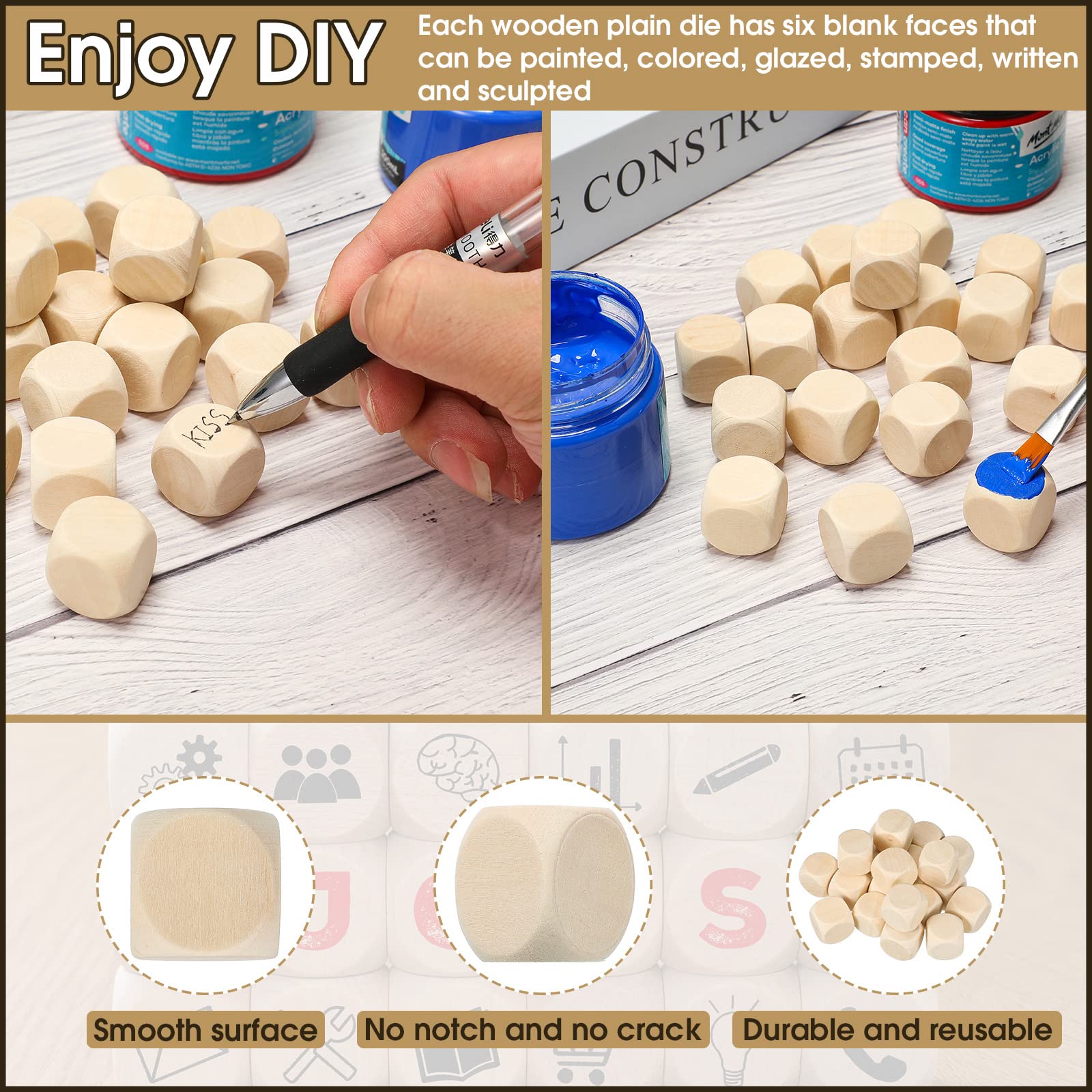 Kasyat – Lot De 20 Dés En Bois Vierges 20 Mm – Coins Arrondis – Sac De Rangement Inclus – Idéal DIY, Jeux, école, Déco