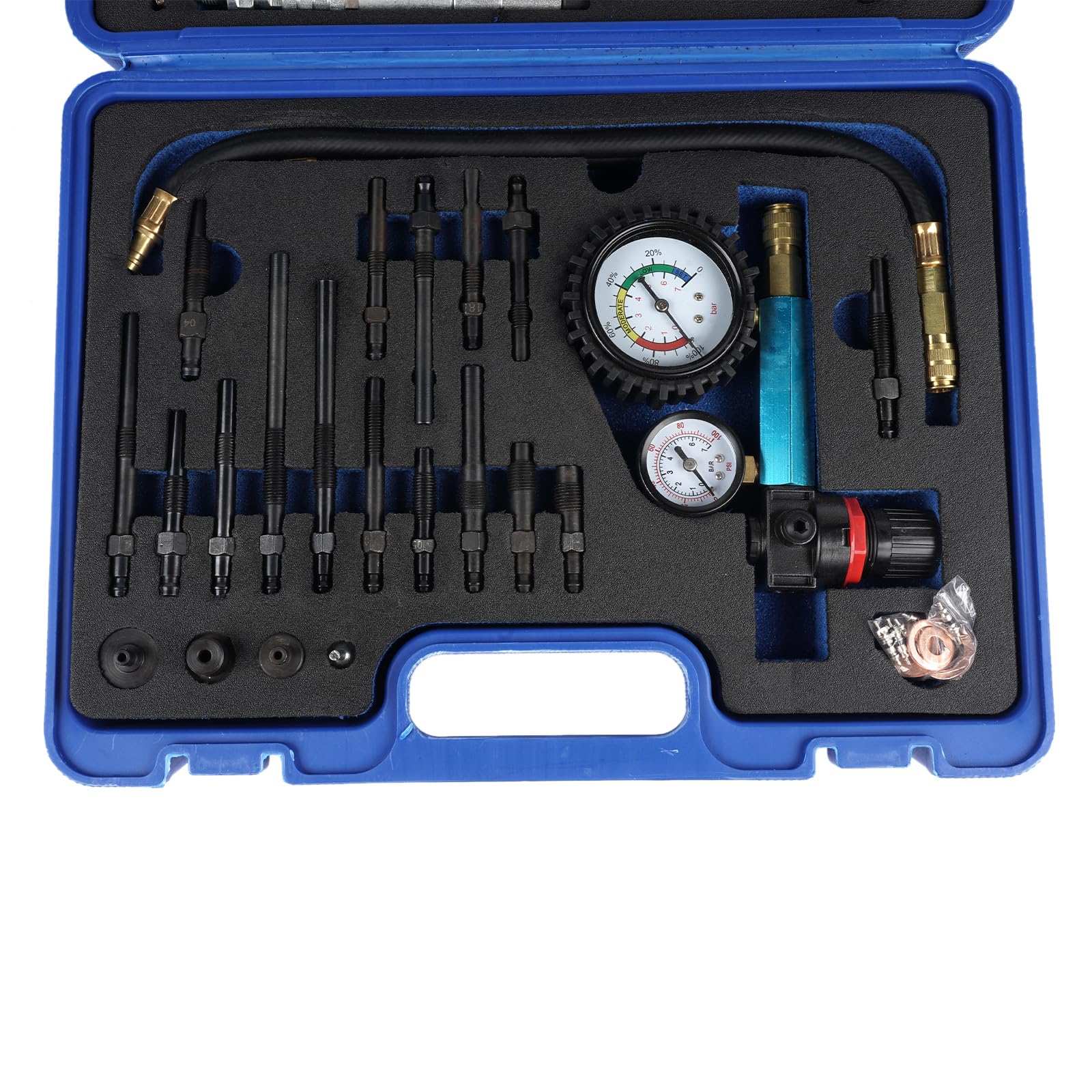Probador de Compresión Probador de Pérdida de Presión para Motores de Gasolina y Diesel Motores de Autos y Camiones, con 34 Adaptadores Diferentes, 725 PSI - Estuche Exterior Azul