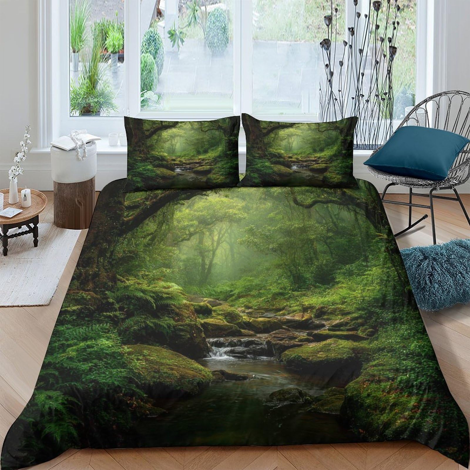 Ctjqhvkz Style-8 3D Printed Forest Stream Fitted Sheet Microfiber Soft Green Woodland Mattress Cover Bedroom Decor Easy Care Single（135X200cm）