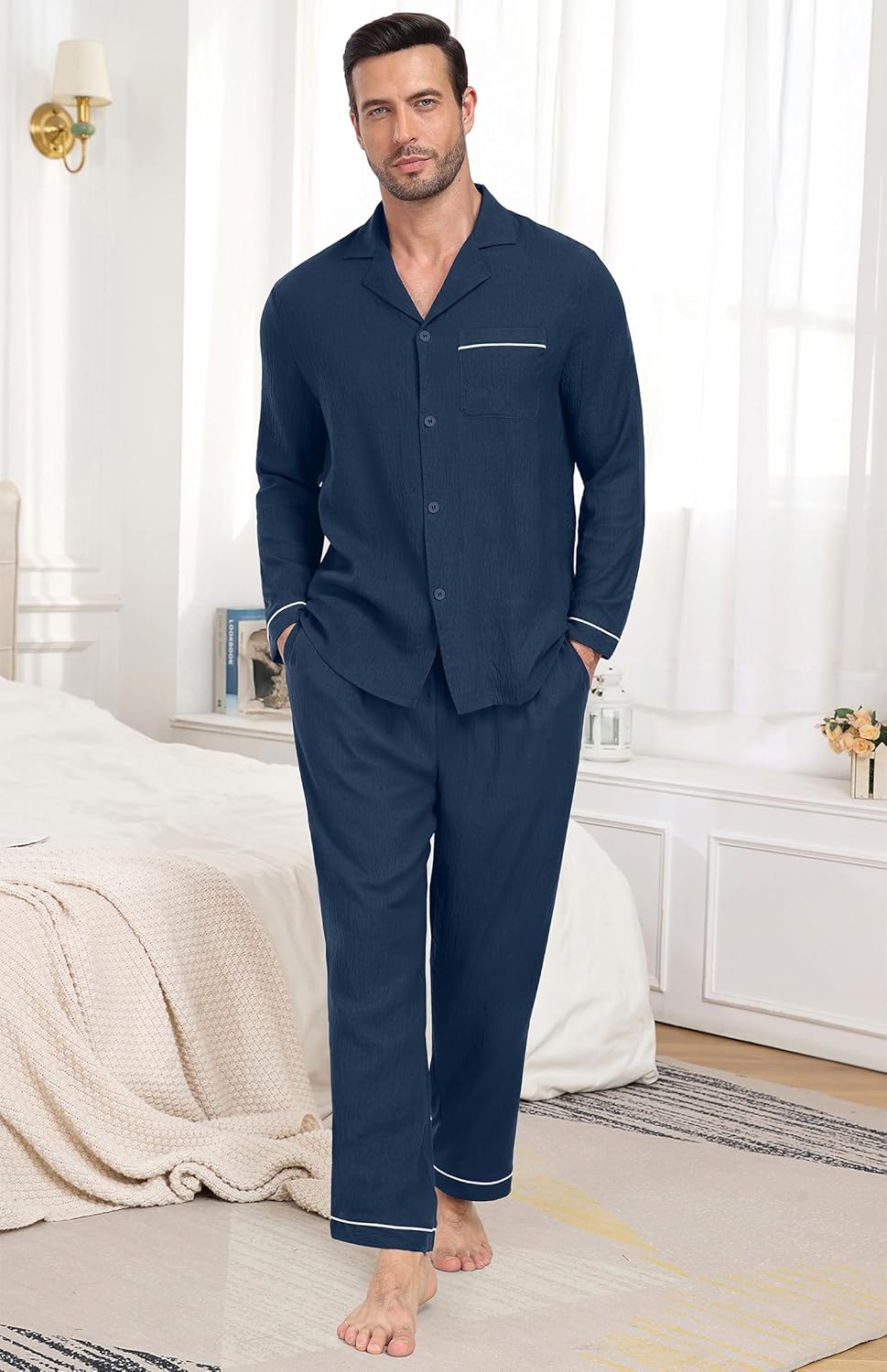 PrinStory Men's Pajamas Set Sleepwear Pjs Lightweight Long Sleeve Button Down Notched Collar Pajama Comfy Sleep Sets S-2XL - Image 7