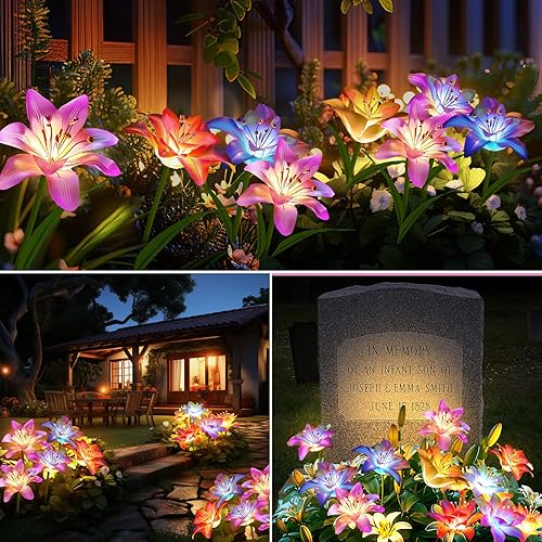 Miniatura 7 de Paquete de 4 luces solares de flores para exteriores, impermeables, con lirio, decoraciones de patio, decoración de jardín al aire libre, luces
