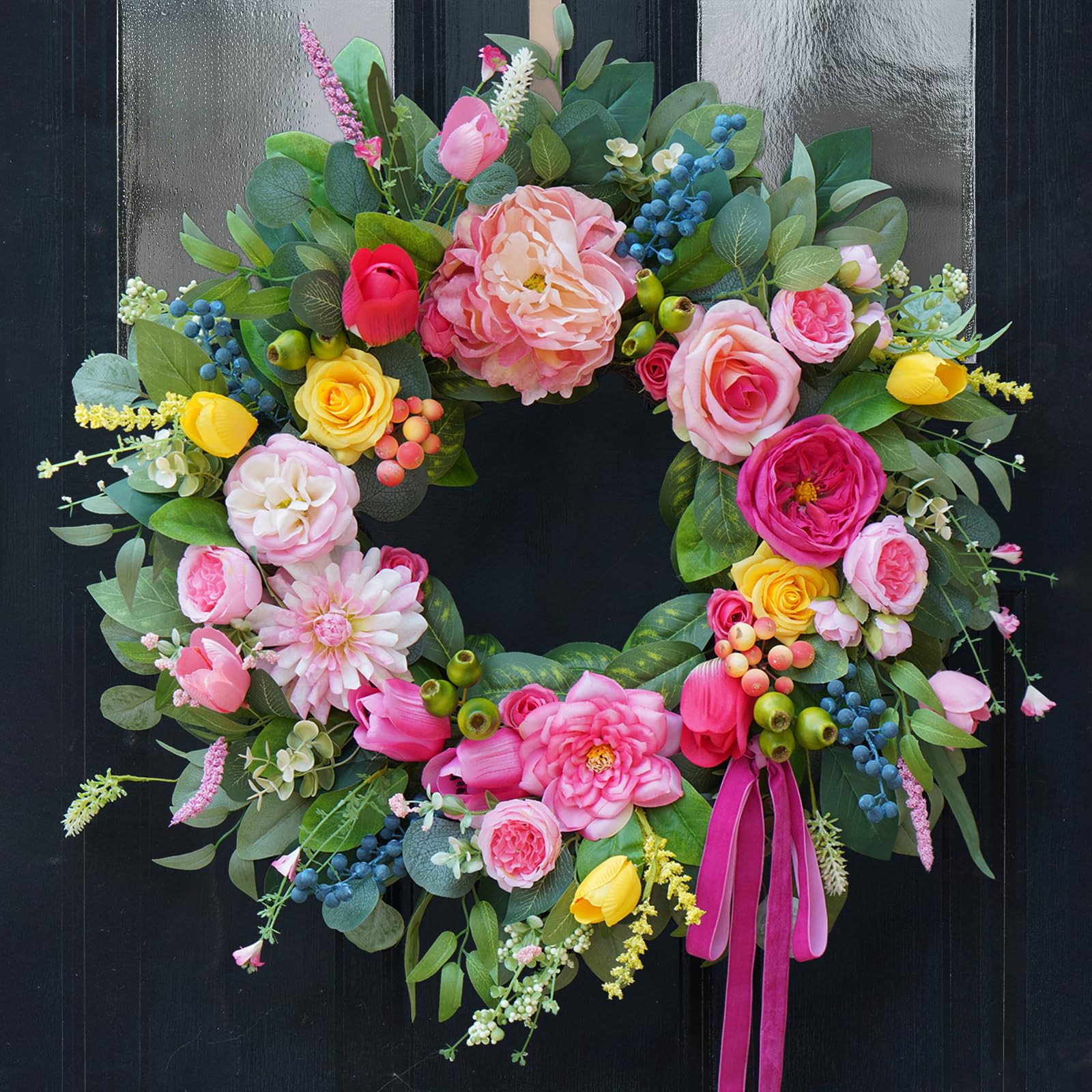 24 inch spring wreaths for front door, summer wreath with luxury dahlias, peony, tulips & roses floral wreaths with greenery farmhouse seasonal spring door wreath for indoor outdoor home decor