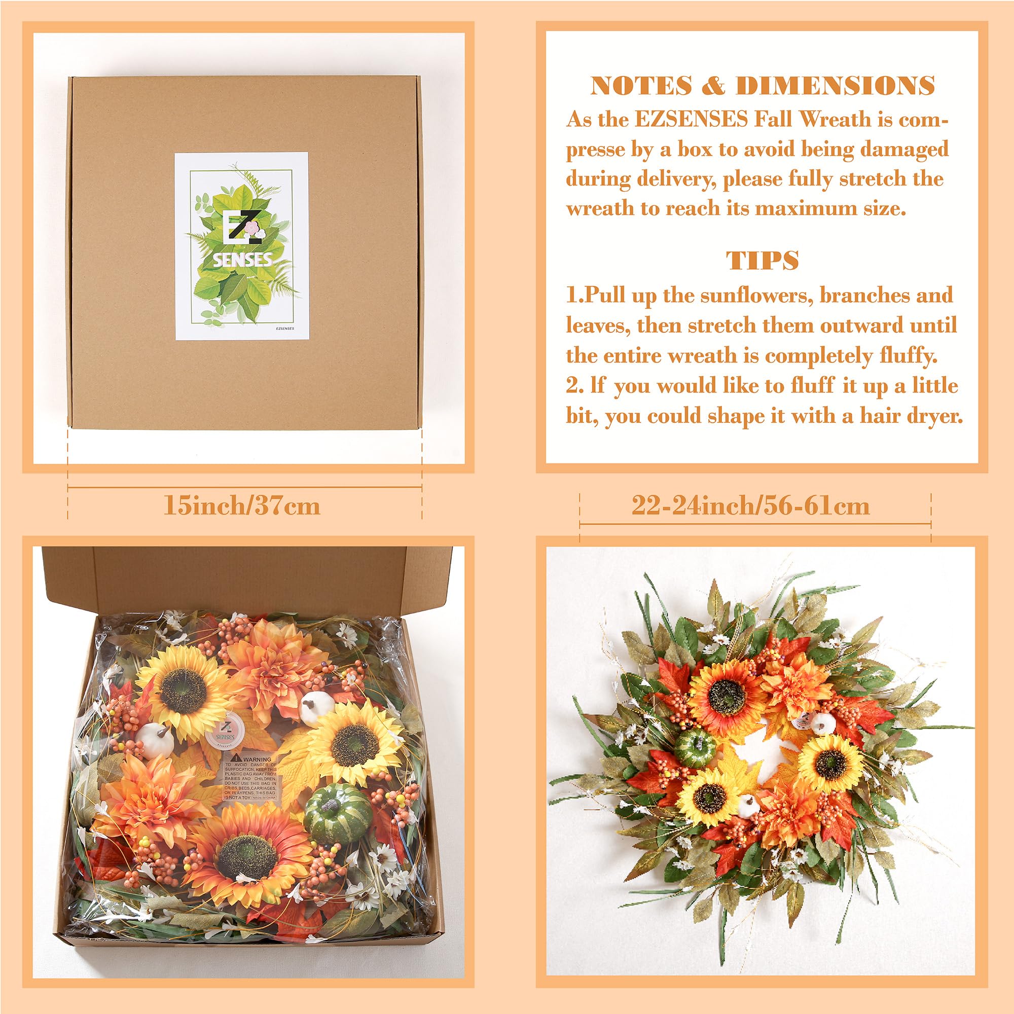 Herbstkranz für Haustür, 61 cm, Herbsttürdekoration mit Kürbissen, Sonnenblumen und Ahornblättern, rustikaler Bauernhausstil für Thanksgiving und Ernte