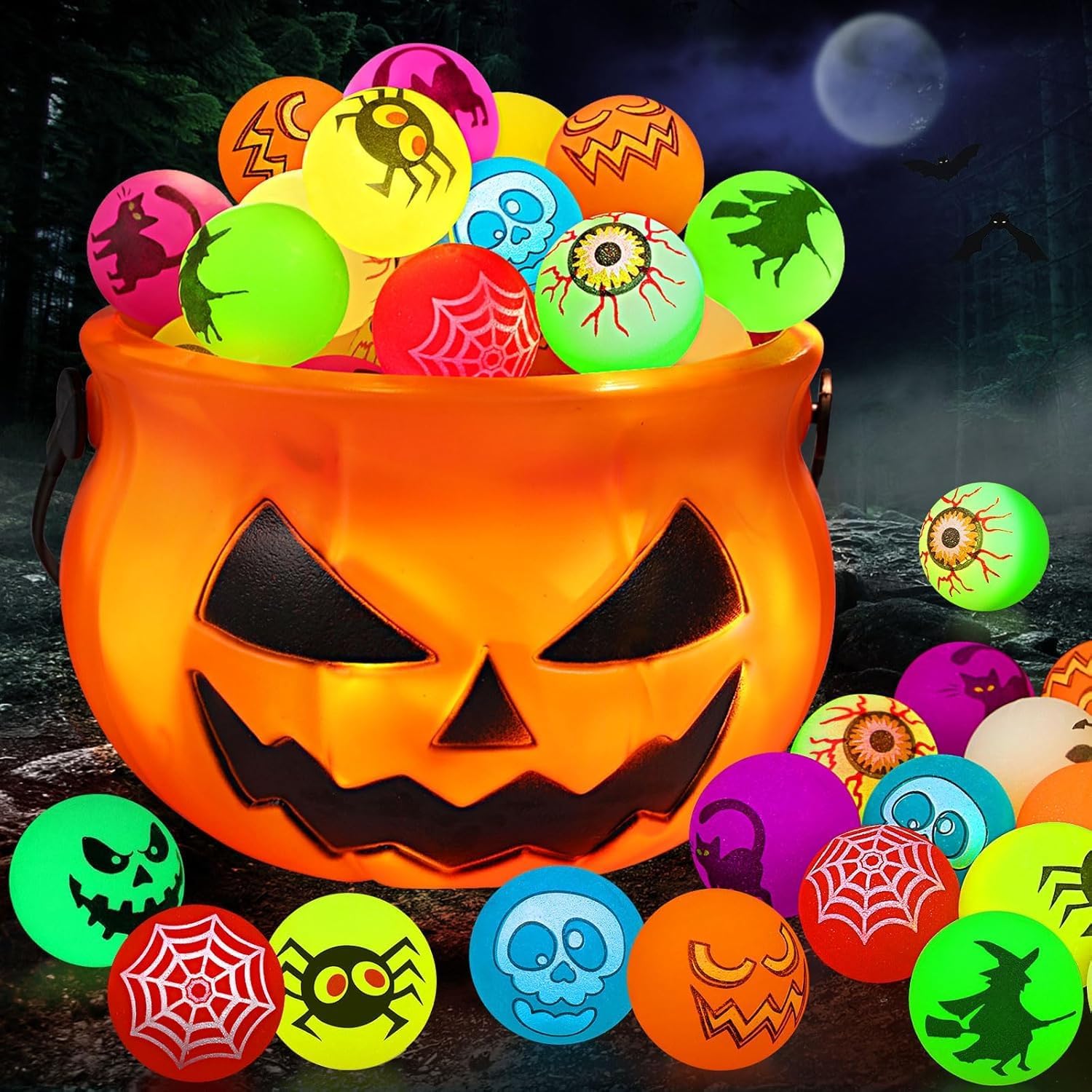 Yunaking Halloween Party Favors Kids Toys 64Pcs Halloween Toys Glow In The Dark Party Decoration Supplies Bouncy Balls Toy for Kids halloween Bag Fillers with Pumpkin Buckets Trick or Treat