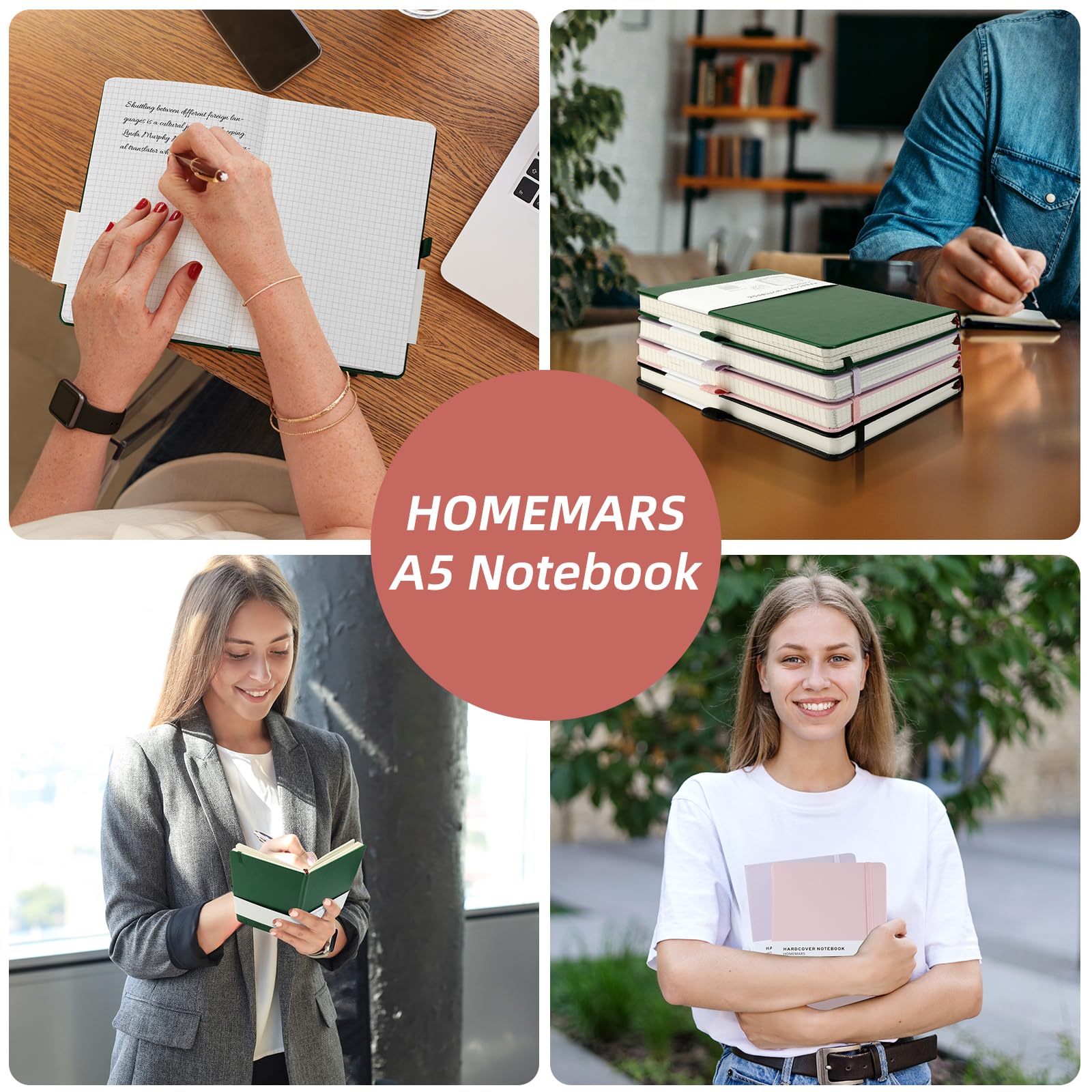 HOMEMARS Notatnik A5, DIN A5, w kratkę, 200 stron, 100 g/m², fioletowy róż, 2 szt., notatnik, notatnik w kratkę A5, z uchwytem na długopis, zakładka