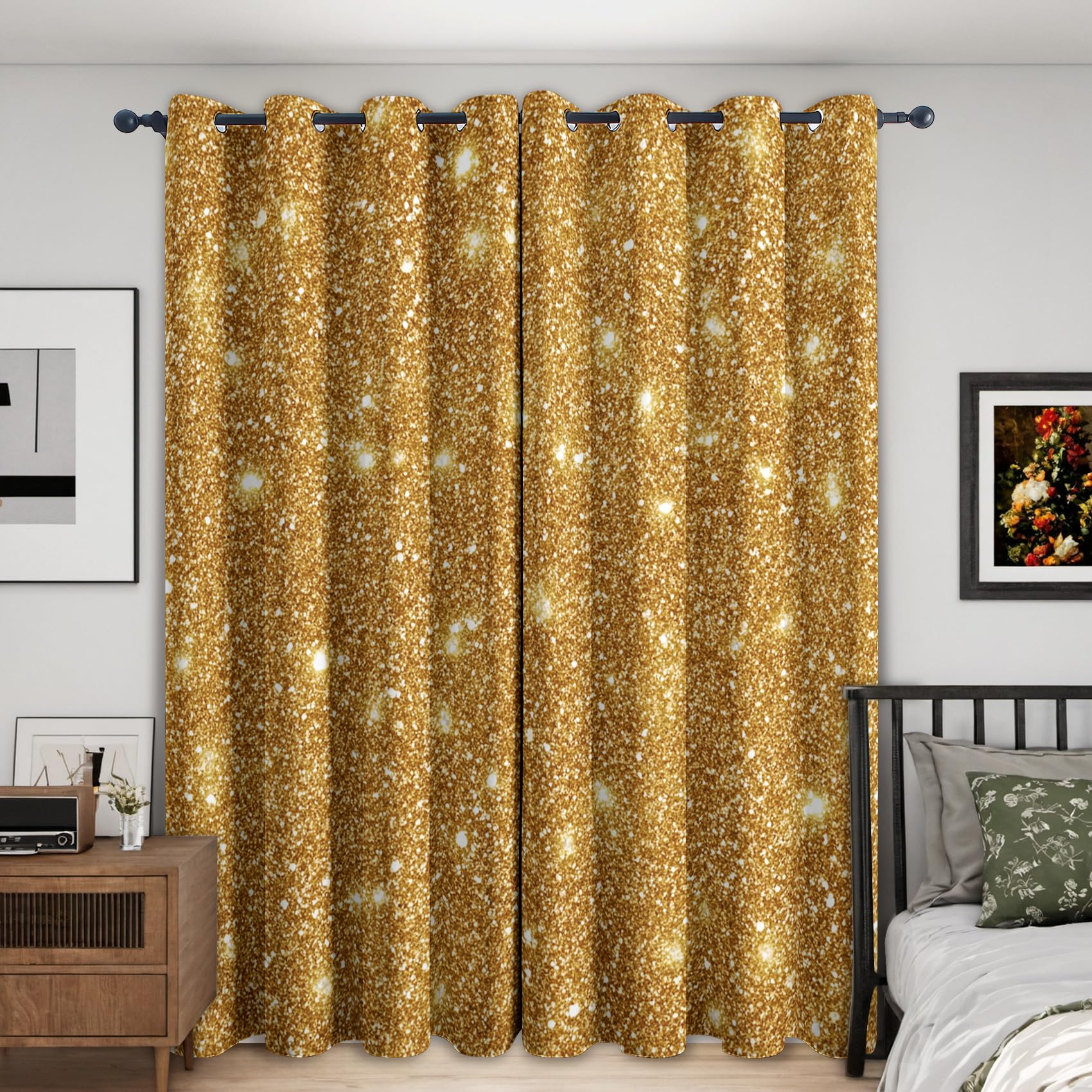 Generisch Blickdichte Vorhänge Glitzerndes Gold Muster, H 160 x B 140 2er Set - Moderne Kunst Luxus Fenster Gardinen mit Ösen, 160 cm Lang Curtains Wohnzimmer Schlafzimmer Deko SX&159