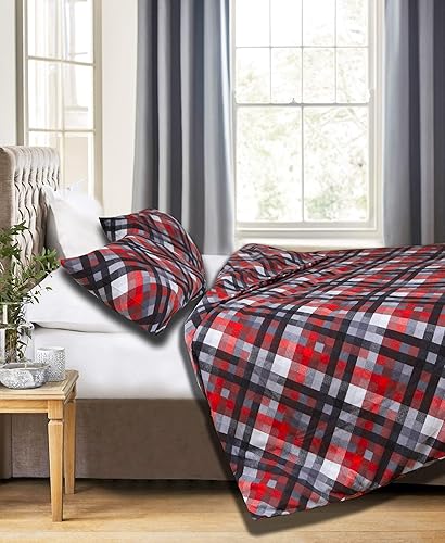 Miniatura 2 de Juego de funda de edredón de franela pesada de algodón de 6.35 oz (grisrojonegro, tamaño King)