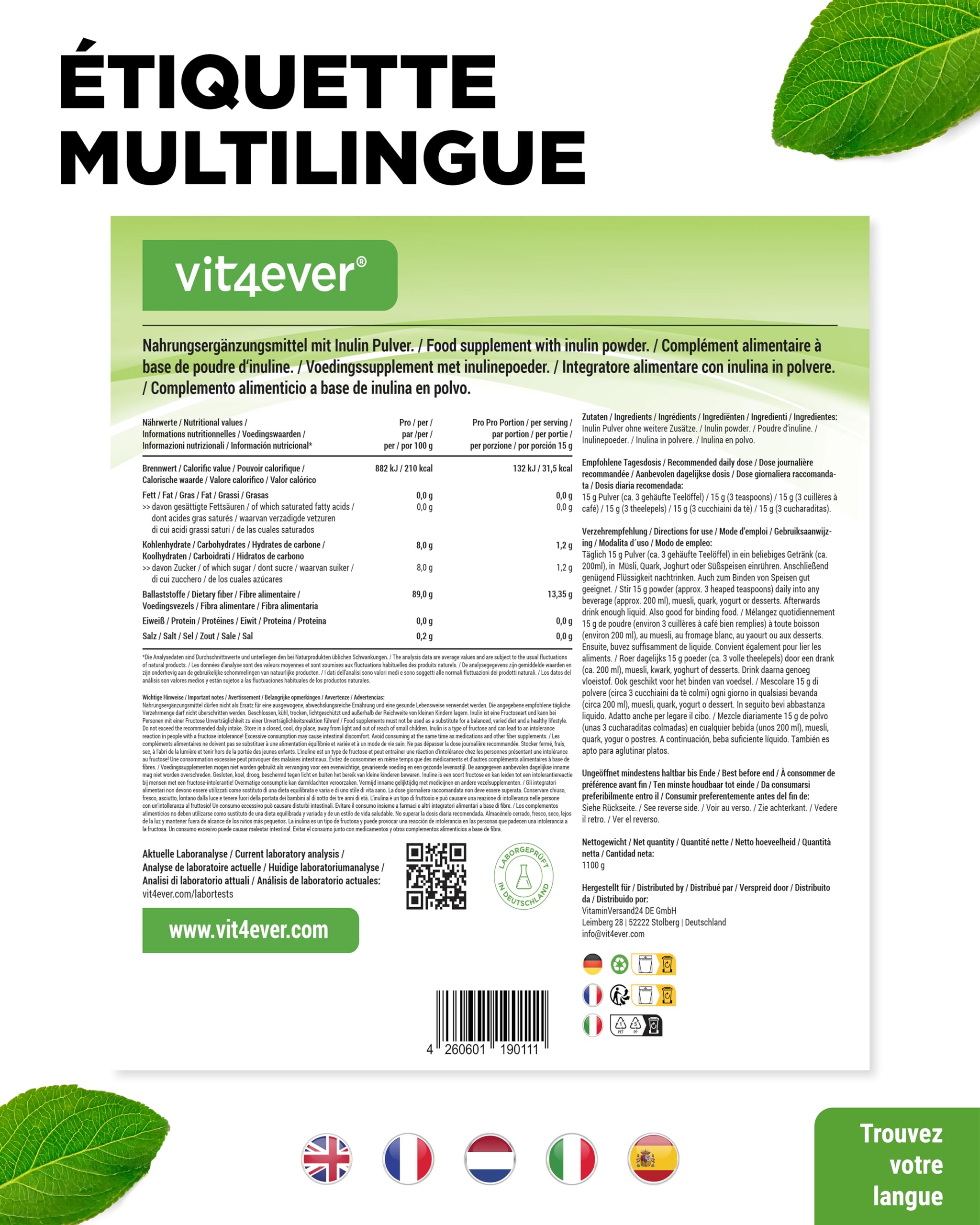vit4ever Poudre d’Inuline Prébiotique - 1100 g (1,1 kg) - Haute Teneur en Fibres - Prébiotique - Contrôlé pour les Résidus - Origine Europe - Naturellement Issue de la Racine de Chicorée - 100% Végan