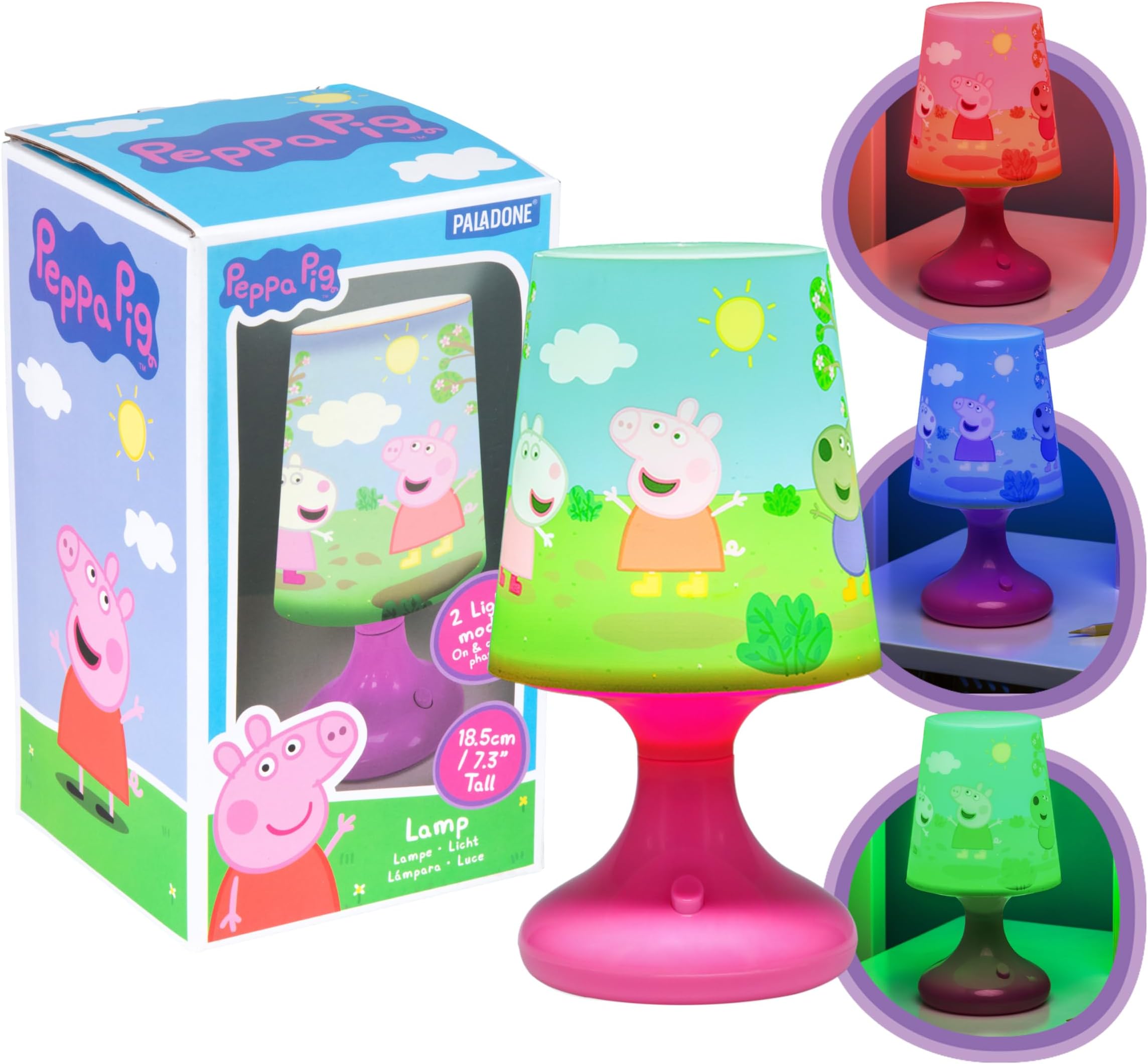 Peppa Pig Officially Licensed Table Lamp with 2 Light Modes, Kids Bedroom Bedside Light Playful Peppa Pig Sunny Scene, Night Light for Boys and Girls