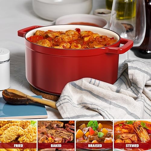 Miniatura 7 de MEIGUI Horno holandés de hierro fundido de 7 cuartos de galón, horno holandés antiadherente esmaltado, olla redonda holandesa con tapa, forros de