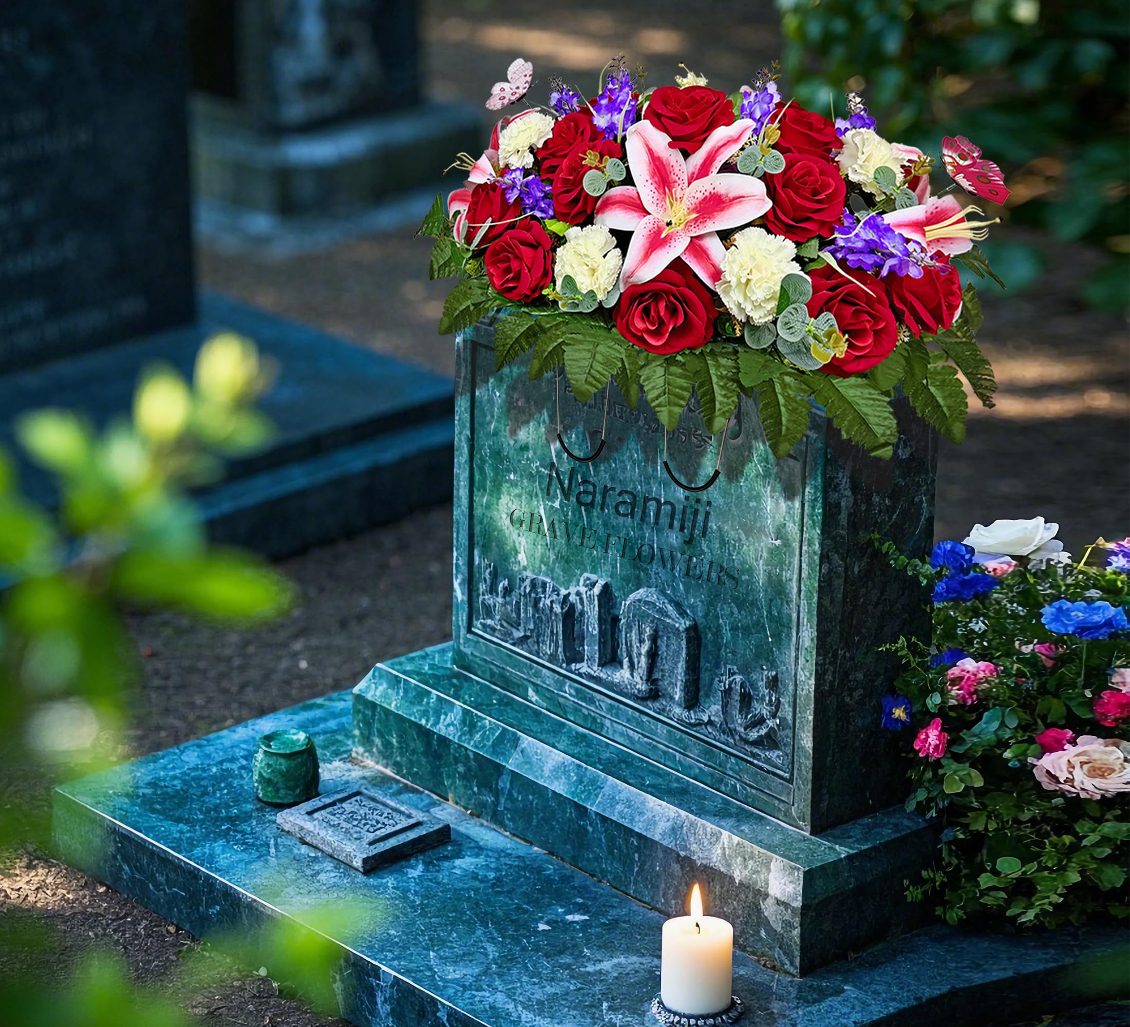 Naramiji Silk Cemetery Flowers For Mother's Day & Memorial Day - Red Rose & Pink Lily Grave Decoration Saddle