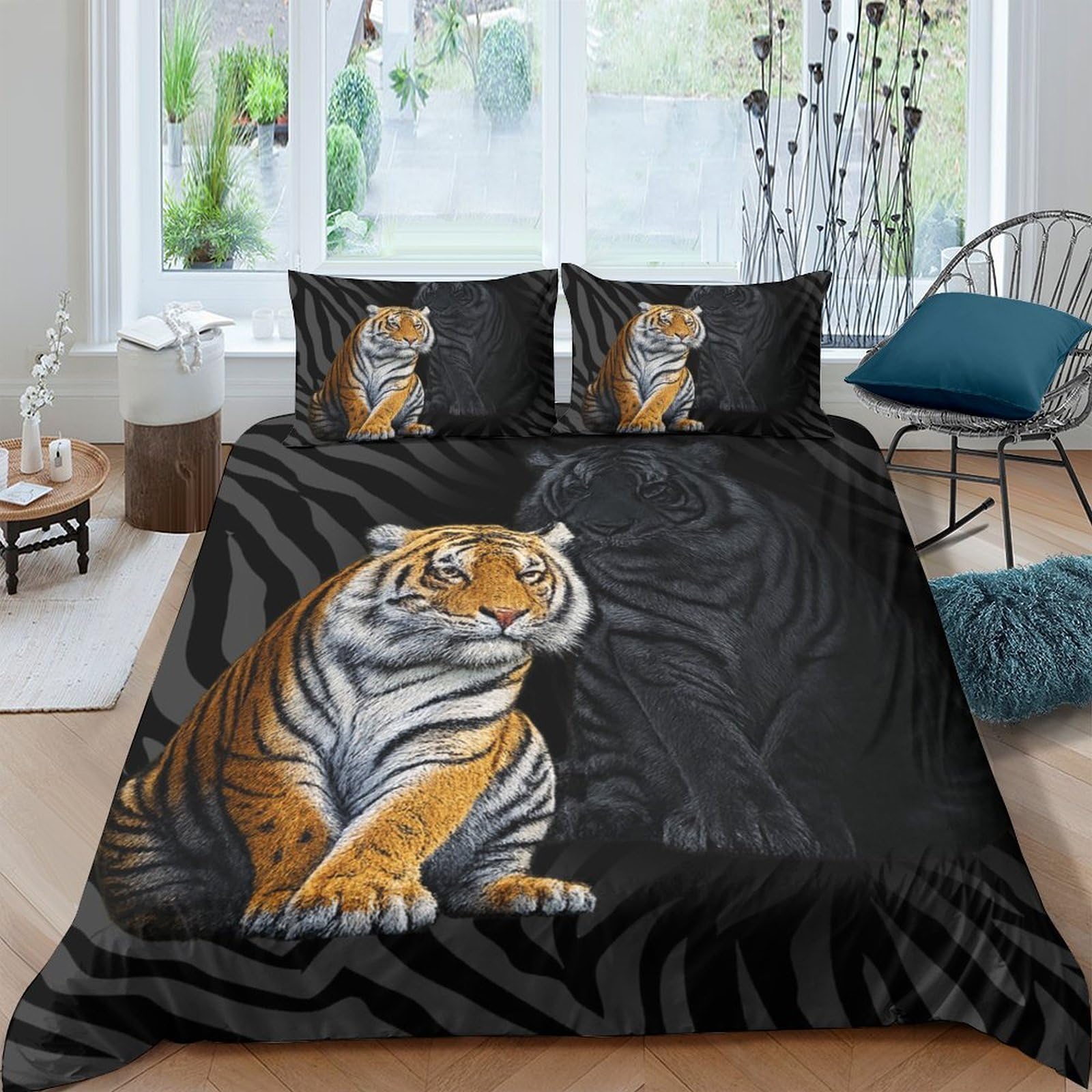 TUFRTGYHN 3D Printed Tiger Animal Duvet Cover Microfiber Soft Breathable Black Jungle Bedding Set with 2 Pillowcases for Bedroom Home Decor, Single（135x200cm）