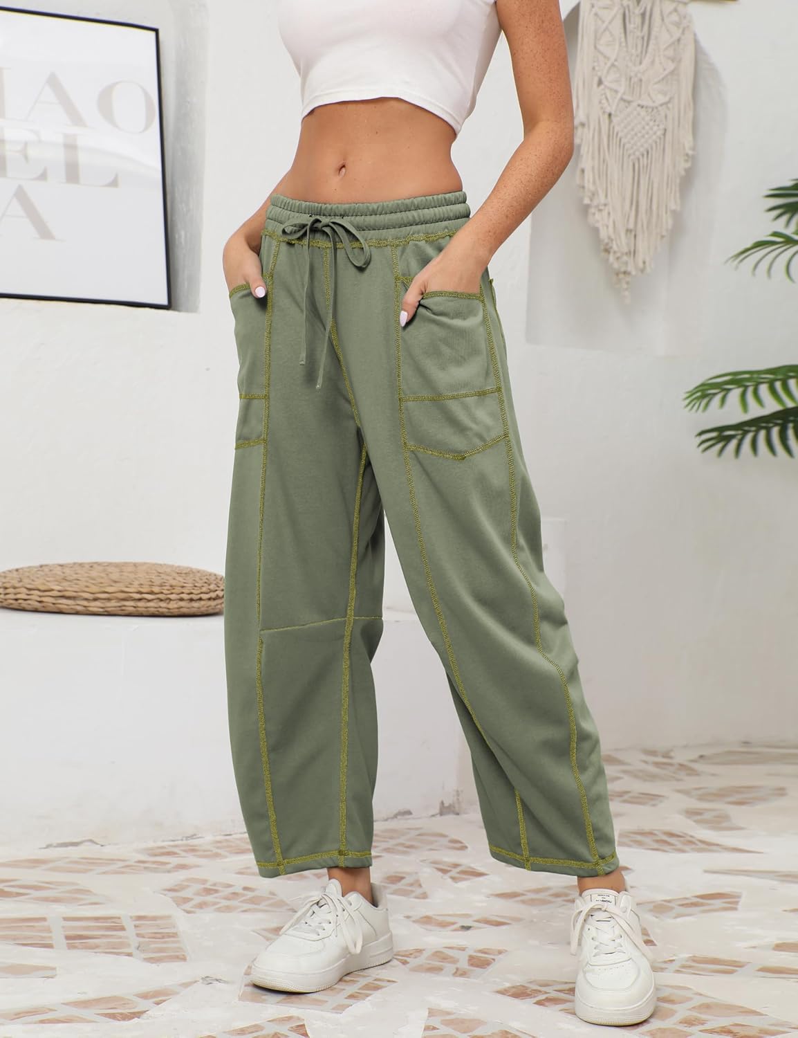 Athlisan Womens Baggy Barrel Pants Wide Leg Lounge Drawstring Sweatpants with Pockets - Image 2