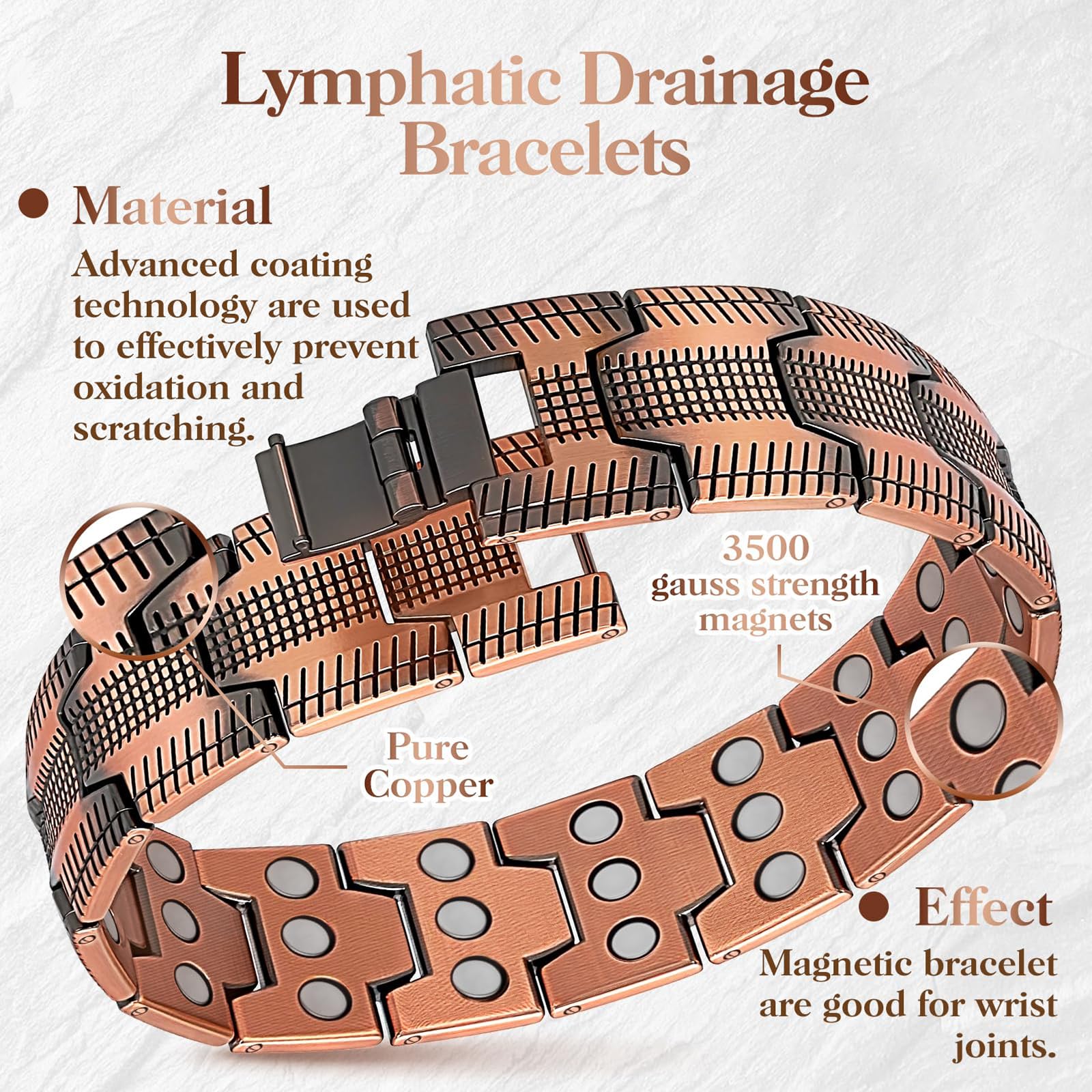 Pulsera de cobre para hombres, pulsera de cobre y magnética, 99,99% cobre puro con imanes de 3500 Gauss, pulsera ajustable para hombres