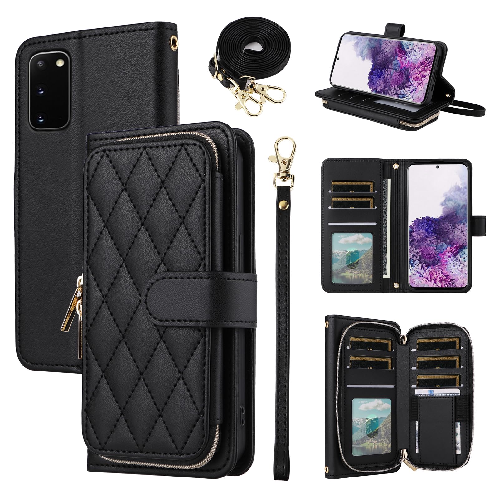 Furiet Wallet Case for Samsung Galaxy S20 5G 6.2 inch with Wrist Strap, Crossbody Shoulder Strap, Luxury PU Leather Stand Cell Phone Cover with 9+
