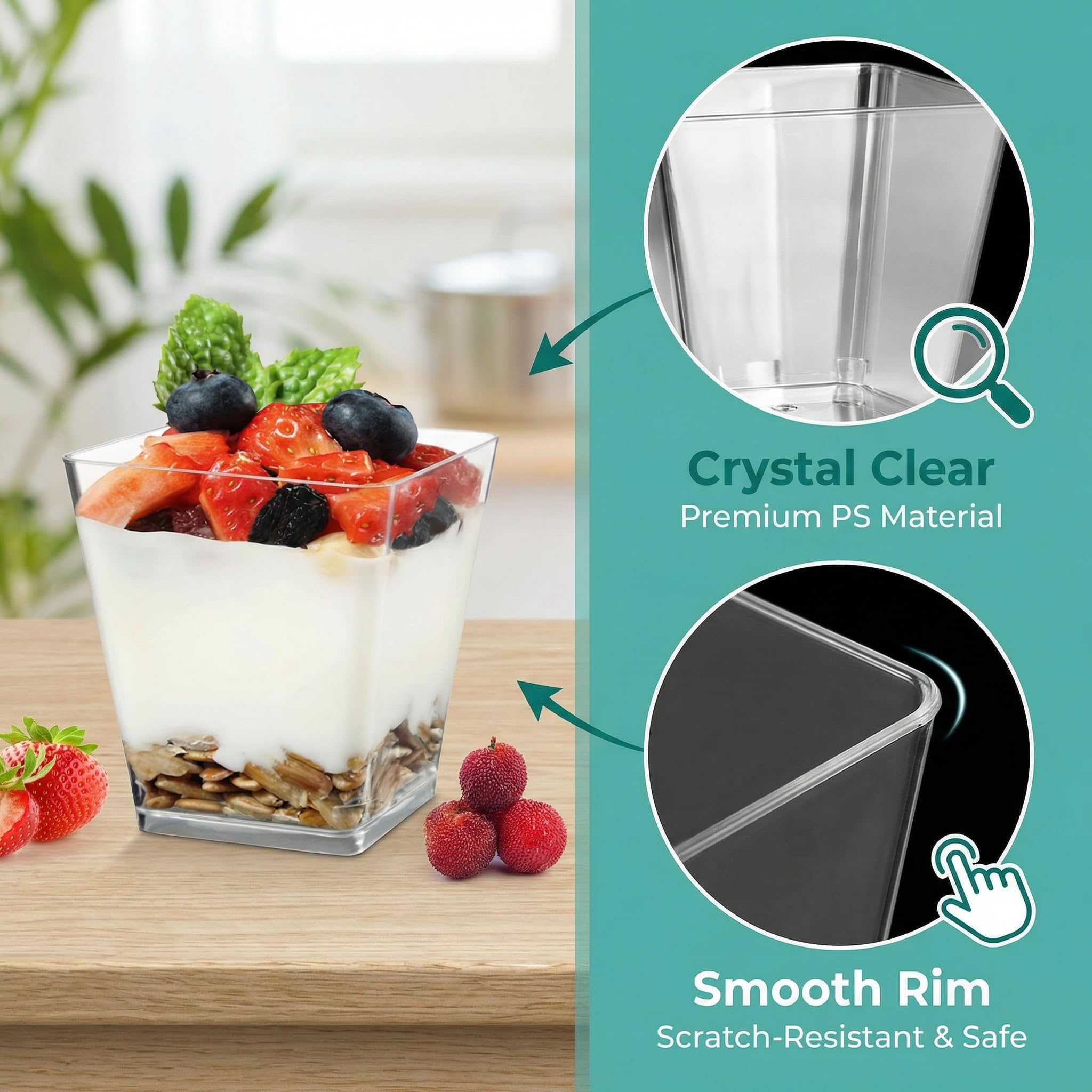 50 Bicchieri da Dessert in Plastica con Coperchio, Coppette Gelato Quadrate Trasparenti, Tazze da Dessert per Monoporzioni, Mini Bicchieri per Dessert Riutilizzabili, Senza BPA per Dessert Fai Da Te