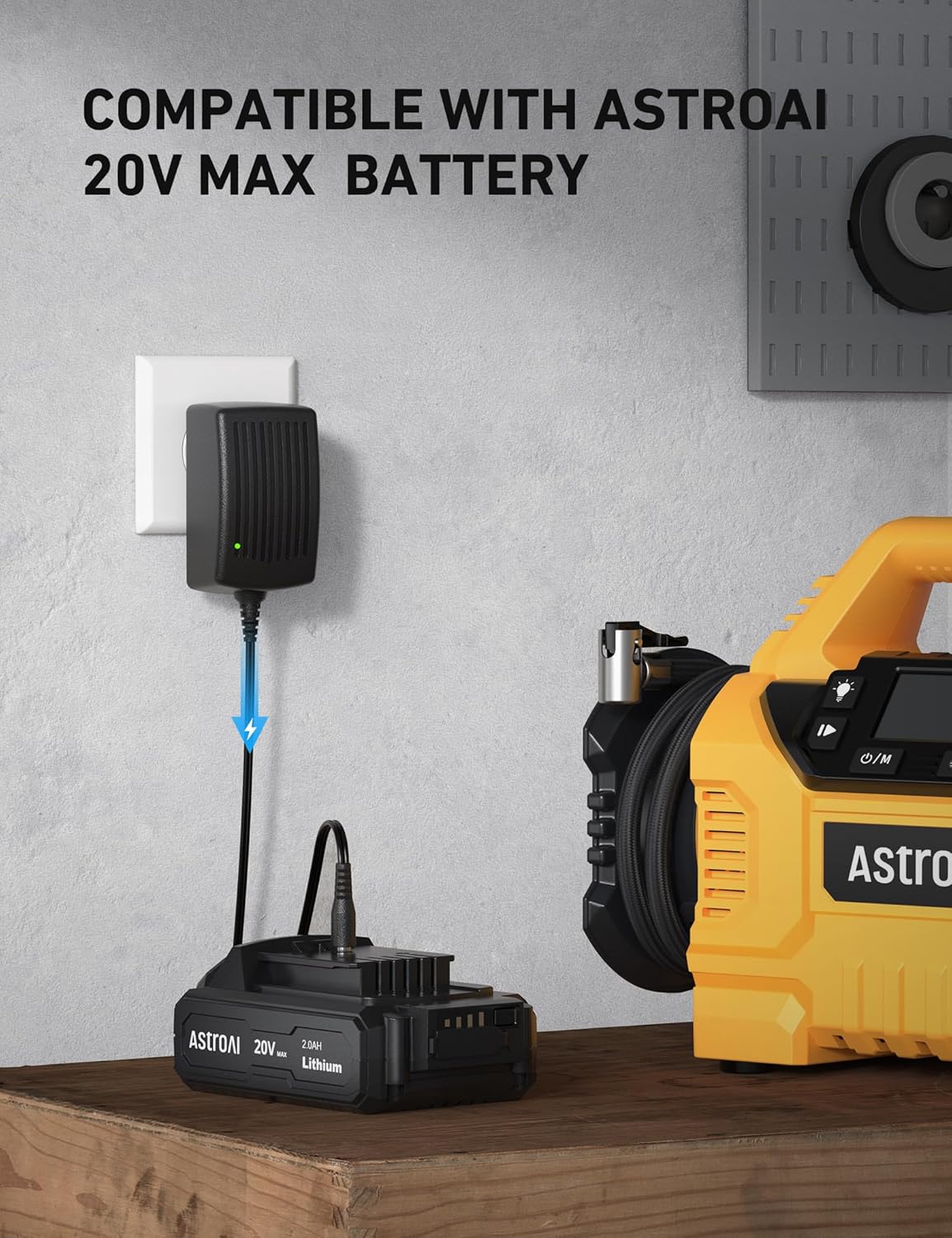 AstroAI charger plugged into a wall outlet and connected to a 20V MAX Li-ion battery pack