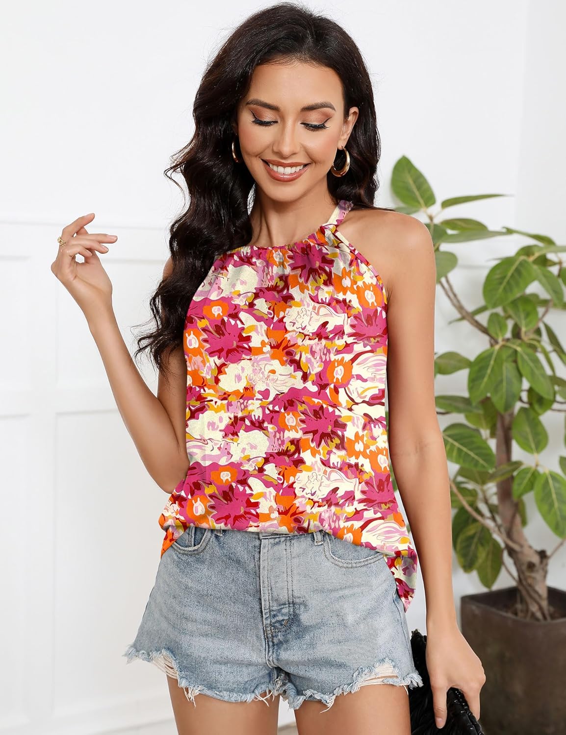 Summer Halter Tank Tops for Women Loose Fit Pleated Tie Back Sleeveless Tops Casual - Image 3